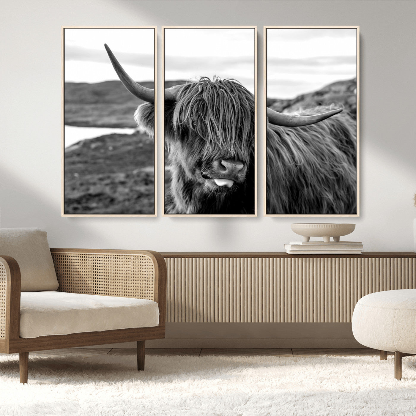 83810-MGV-FC-48X32-3P_Natural-Highland Cow Wall Art – Black and White Highland Cattle Print, Rustic Farmhouse Animal Decor for Living Room or Office