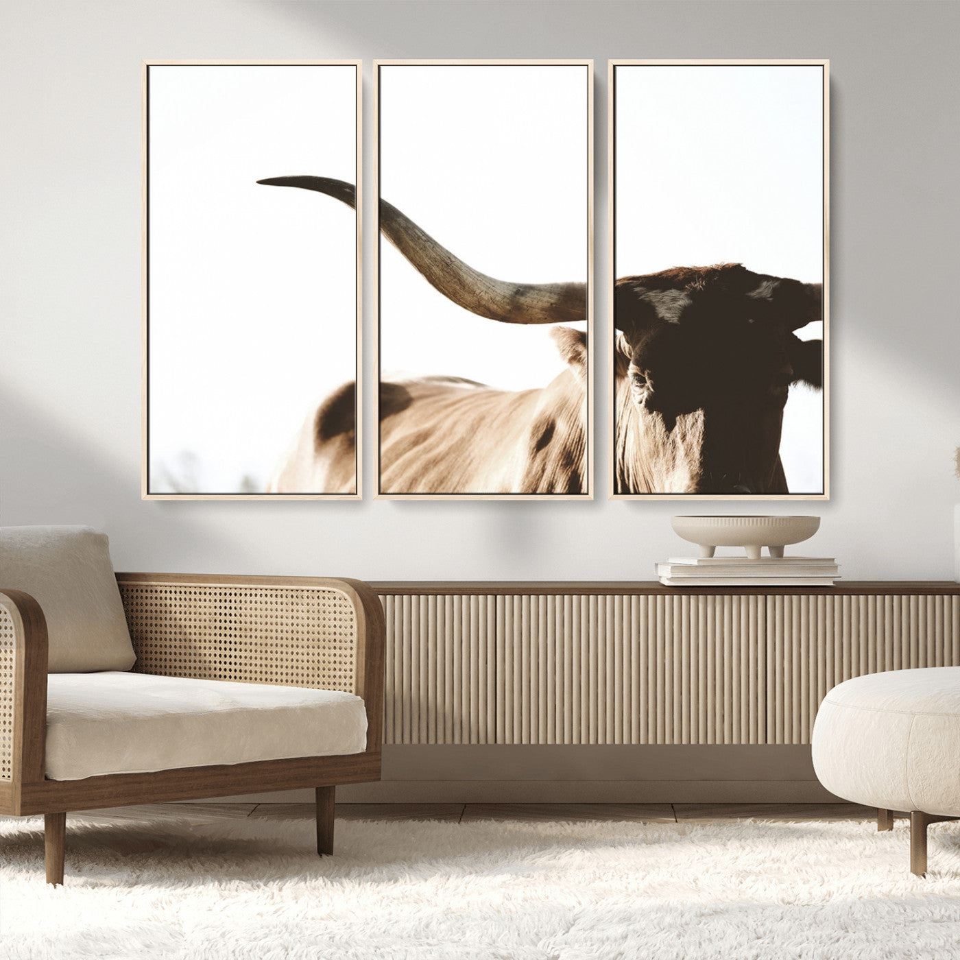35866-MGV-FC-48X32-3P_Natural-Texas Longhorn Wall Art – Rustic Western Bull Canvas Print, Farmhouse Animal Photography Decor for Living Room, Office, or Ranch