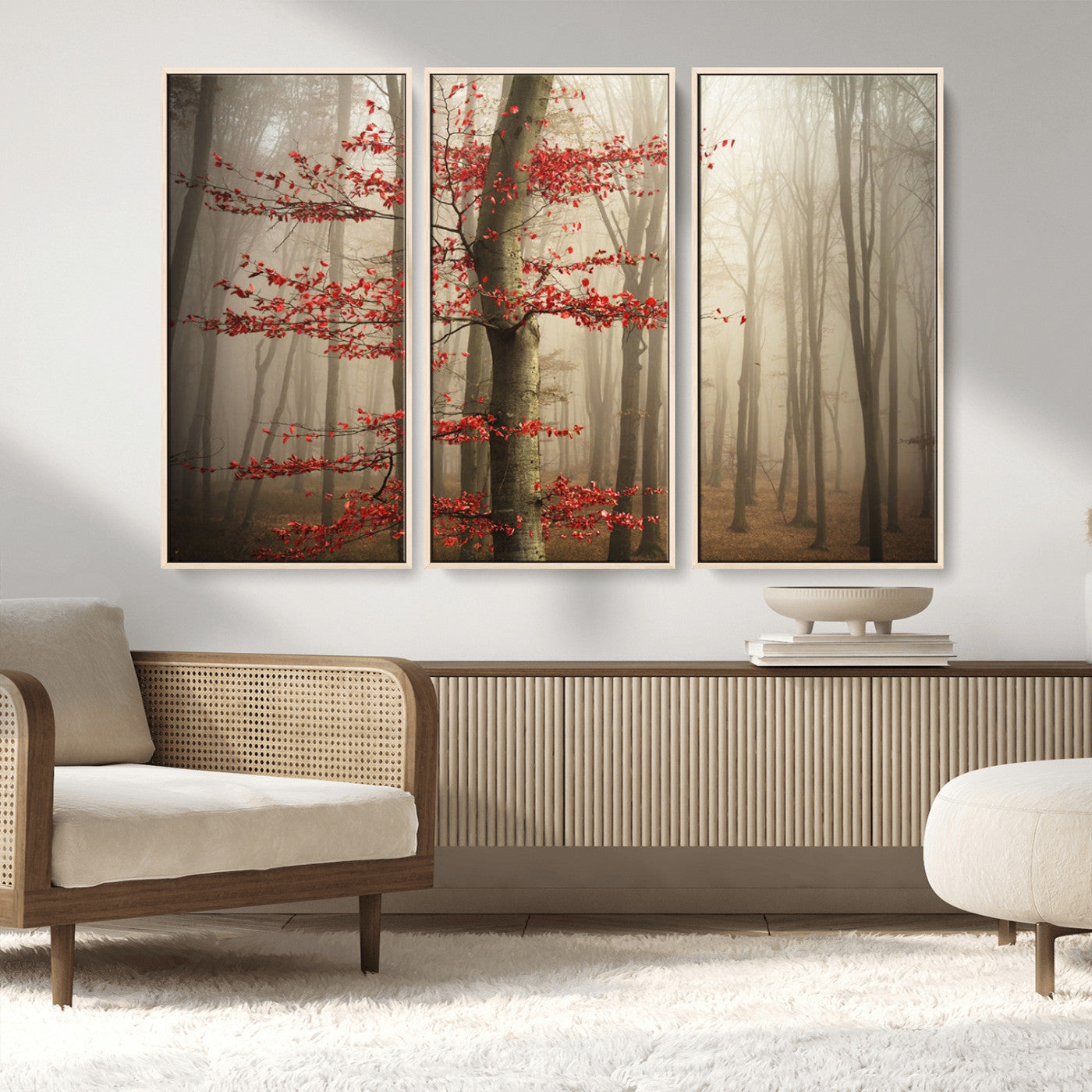 61855-MGV-FC-48X32-3P_Natural-Misty Forest Wall Art – Red Tree with Autumn Leaves Canvas Print, Moody Woodland Nature Decor for Living Room, Bedroom, or Office