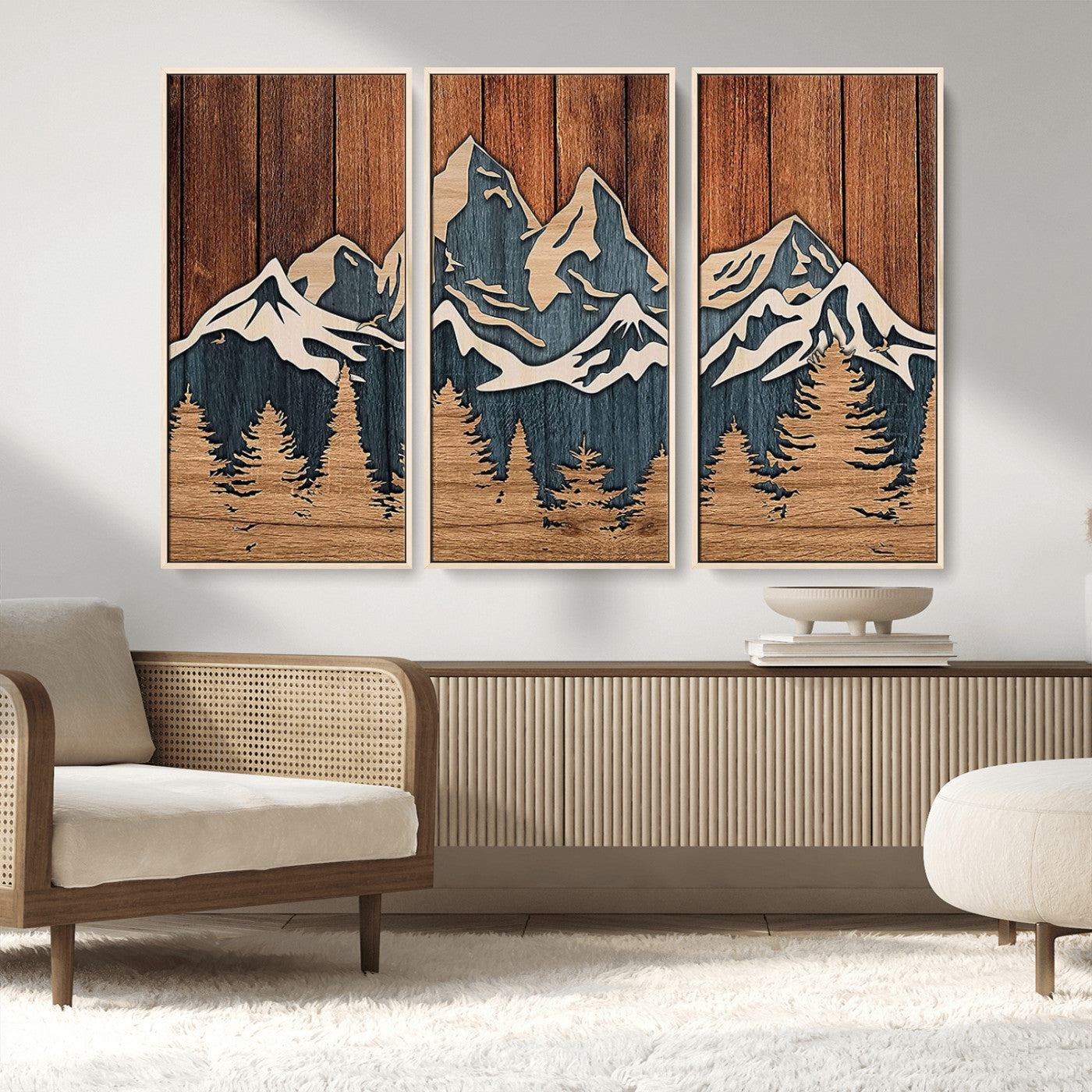 41330-MGV-CV-36X24-Rustic Mountain Wall Art – Wooden Nature Scene with Trees and Peaks, Handmade 3D Layered Decor for Living Room, Cabin or Office