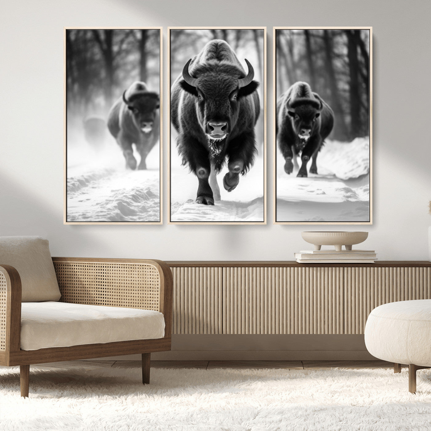 97552-MGV-CV-36X24-Black and White Bison Wall Art – Buffalo Herd Running in Snow Canvas Print, Rustic Wildlife Photography Decor for Cabin, Lodge, or