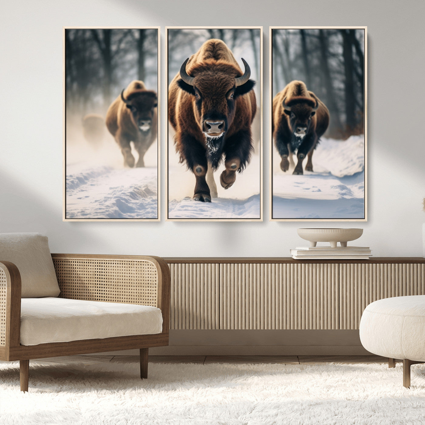 56549-MGV-CV-36X24-Wild Bison Wall Art – Majestic Buffalo Herd Running in Snow Canvas Print, Rustic Wildlife Photography Decor for Cabin, Lodge, or