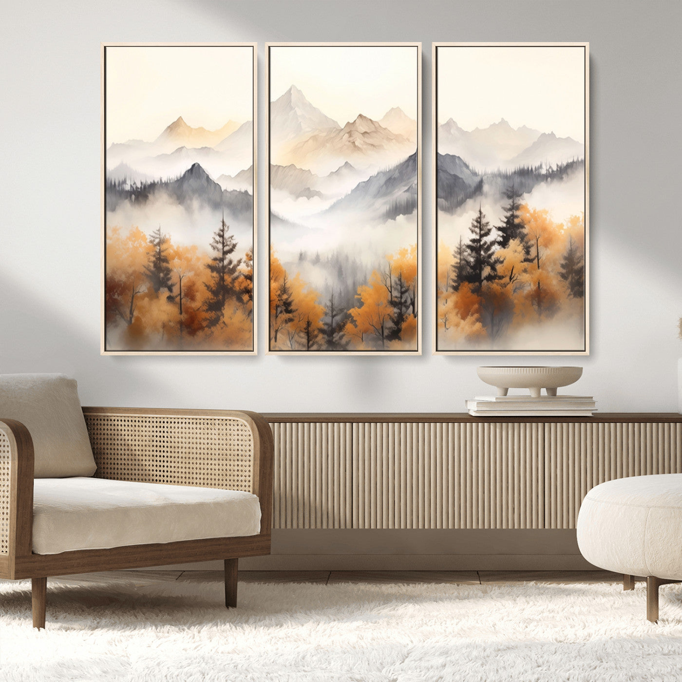 70049-MGV-FC-48X32-3P_Natural-Autumn Mountain Forest Wall Art – Misty Landscape Canvas Print, Rustic Nature Inspired Decor for Living Room, Bedroom or Office