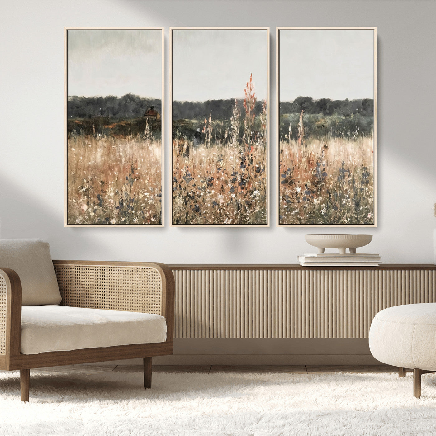 46308-MGV-FC-48X32-3P_Natural-Wildflower Field Wall Art – Rustic Meadow Landscape Canvas Print, Country Nature Decor for Living Room, Bedroom or Farmhouse