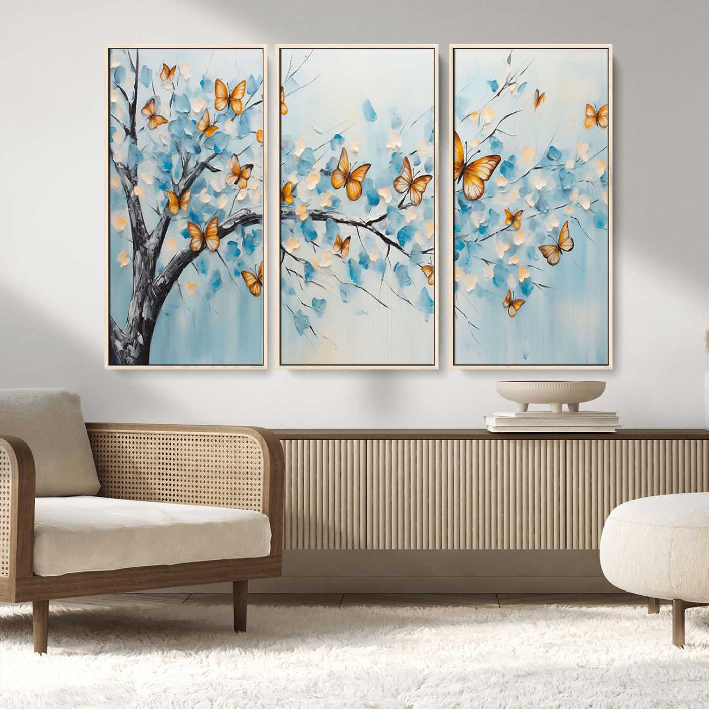 59455-MGV-FC-48X32-3P_Natural-Butterfly Tree Branch Wall Art – Blue and Yellow Abstract Canvas Print, Modern Nature Artwork for Living Room, Bedroom or Office
