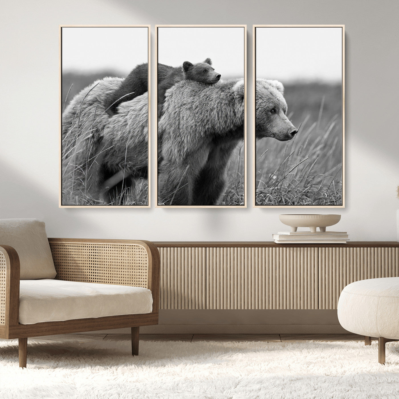 76338-MGV-CV-36X24-Mother Bear and Cub Wall Art – Black and White Wildlife Canvas Print, Rustic Nature Photography for Cabin, Living Room or Office