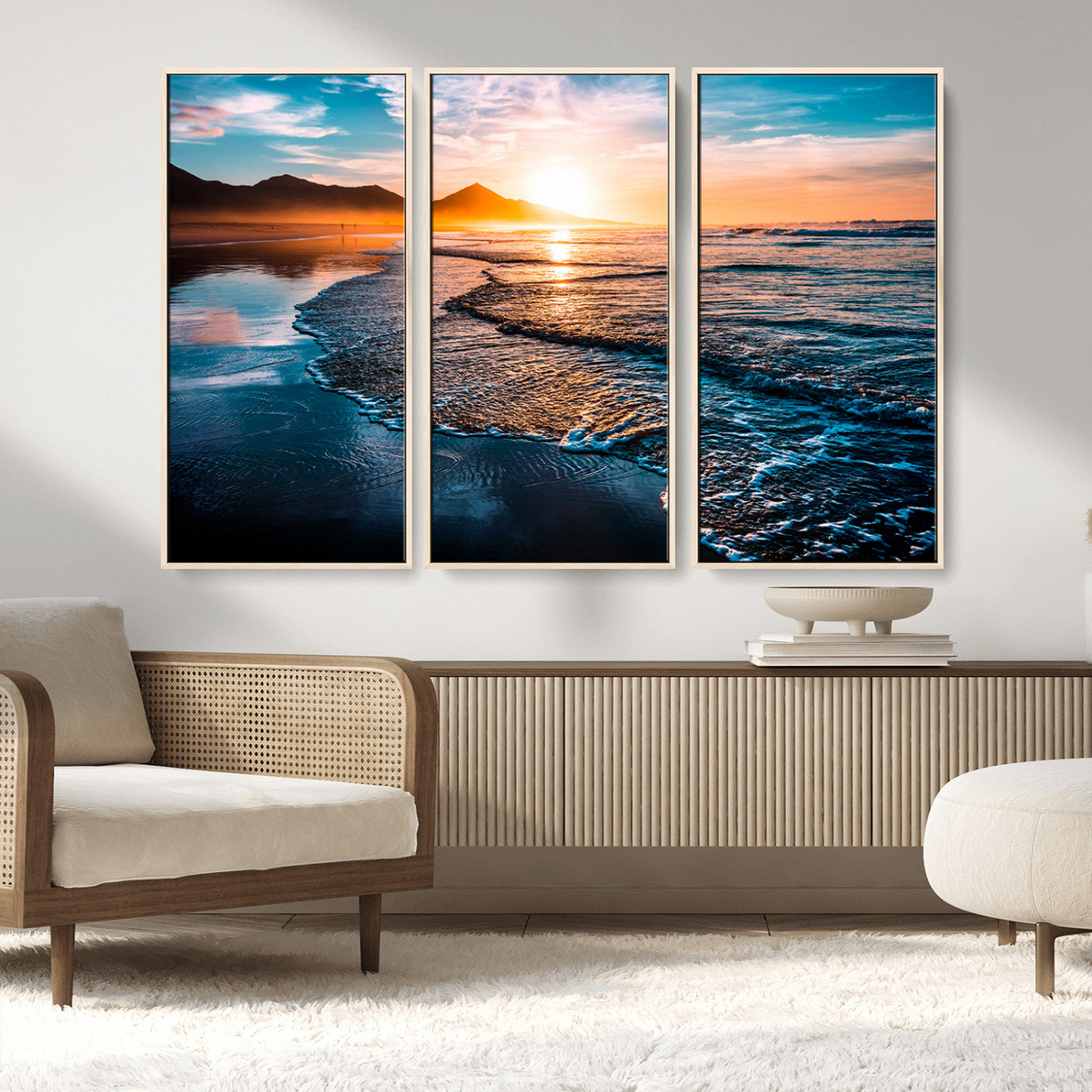 26494-MGV-FC-48X32-3P_Natural-Ocean Sunset Wall Art – Scenic Beach Canvas Print with Waves and Mountains, Coastal Seascape Photography for Living Room, Bedroom