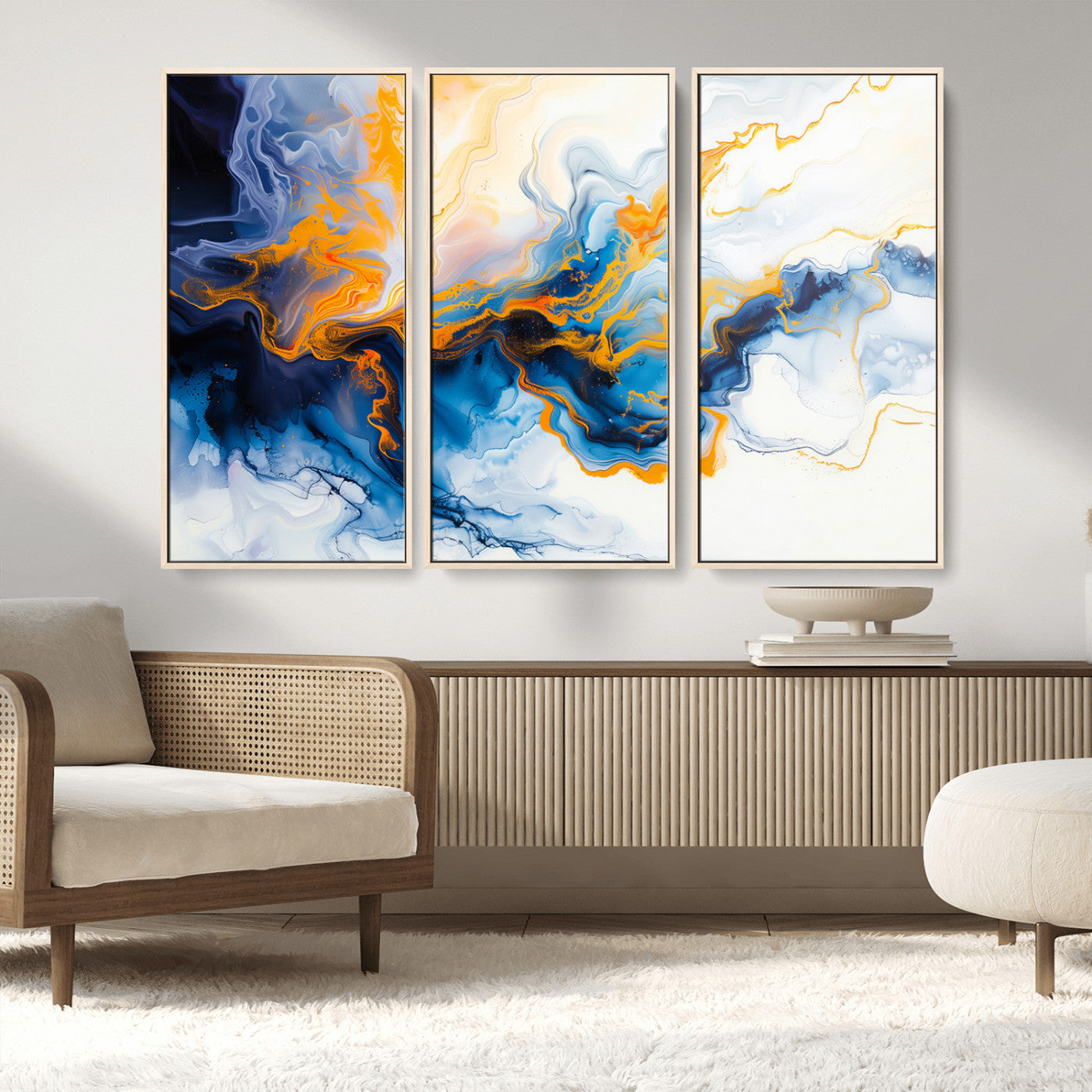 83720-MGV-CV-36X24-Abstract Fluid Wall Art – Blue, White and Gold Swirl Canvas Painting, Modern Contemporary Artwork for Living Room, Bedroom or