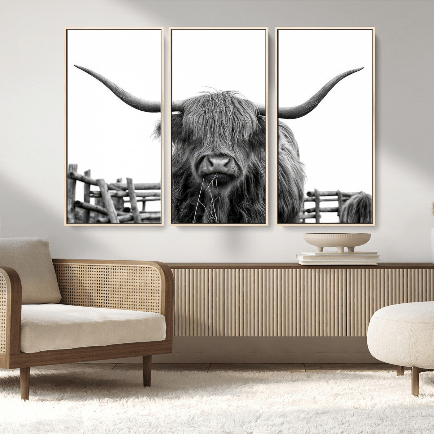 58188-MGV-FC-48X32-3P_Natural-Highland Cow Wall Art – Black and White Rustic Farmhouse Canvas Print, Longhorn Cattle Photography Decor for Living Room or