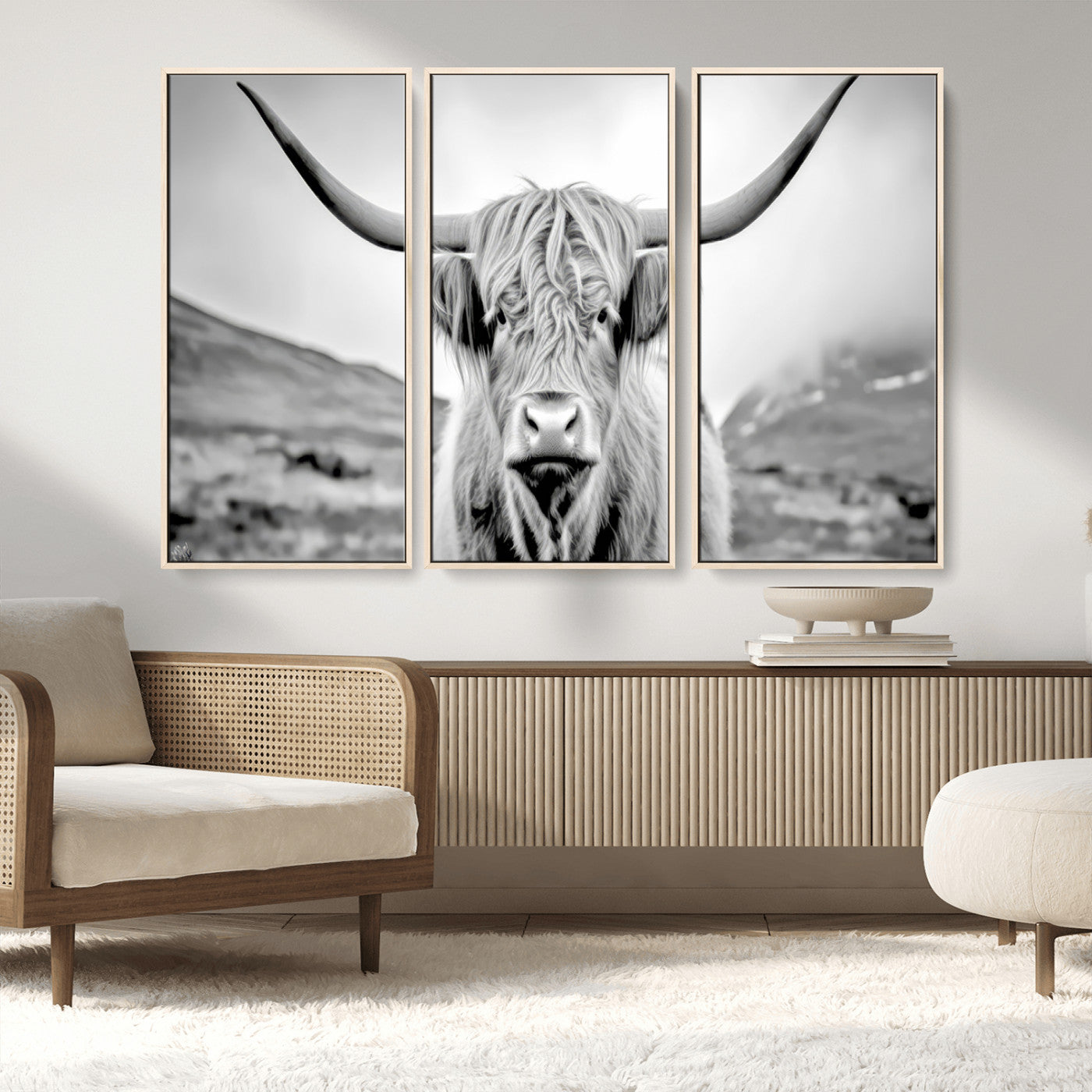 80564-MGV-CV-36X24-Highland Cow Wall Art – Black and White Scottish Highland Canvas Print, Rustic Farmhouse Decor for Living Room, Bedroom or Office