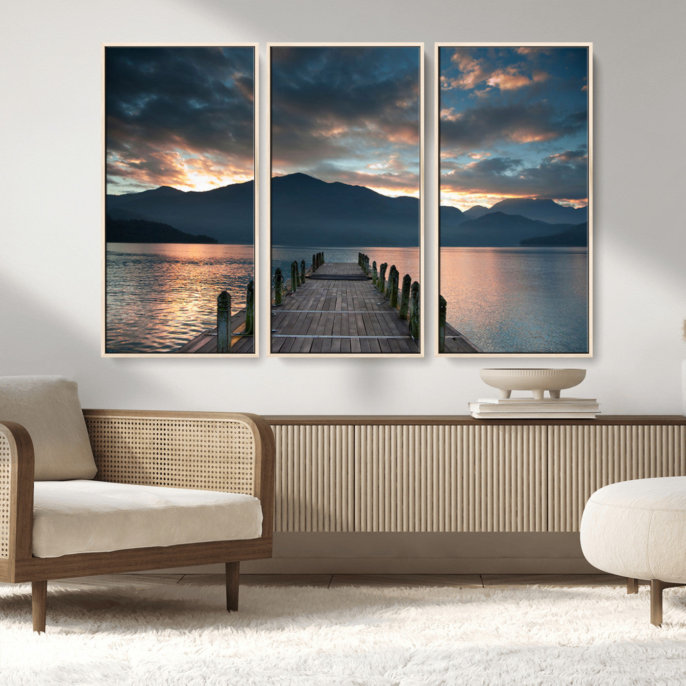 20442-MGV-CV-36X24-Lakeside Sunset Dock Wall Art – Peaceful Mountain Lake Canvas Print, Serene Nature Landscape Decor for Living Room, Bedroom or