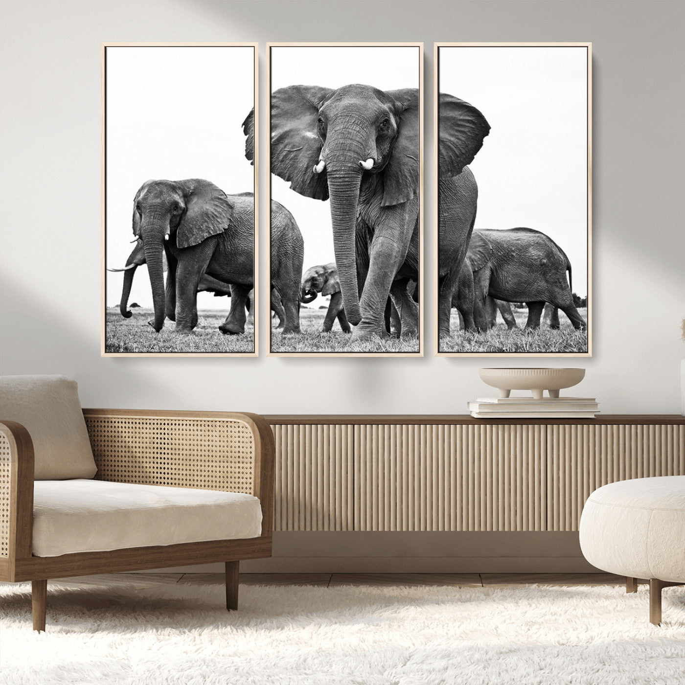 91685-MGV-FC-48X32-3P_Natural-Elephant Herd Wall Art – Black and White Safari Canvas Print, African Wildlife Photography Decor for Living Room, Office or