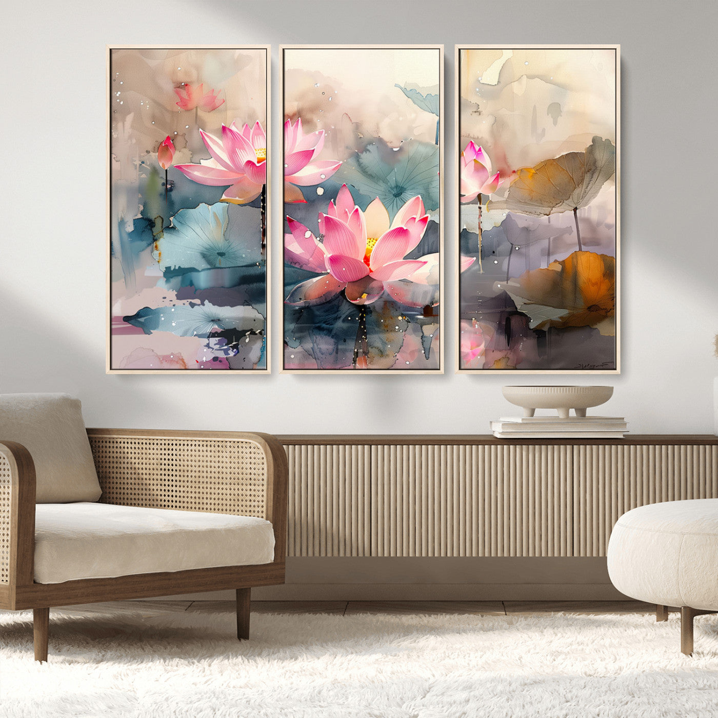 27936-MGV-CV-36X24-Lotus Pond Wall Art – Watercolor Pink Lotus Flowers Canvas Print, Tranquil Botanical Artwork for Bedroom, Living Room or