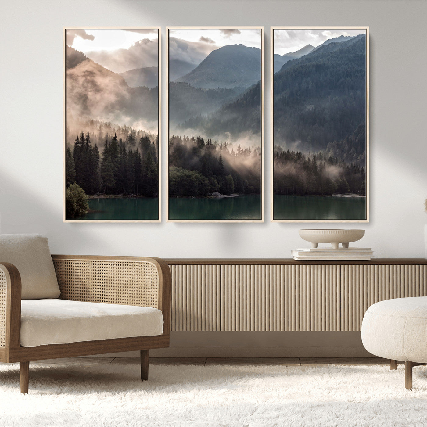 61116-MGV-FC-48X32-3P_Natural-Misty Mountain Lake Wall Art – Tranquil Foggy Forest and Lake Canvas Print, Scenic Nature Landscape Decor for Living Room or