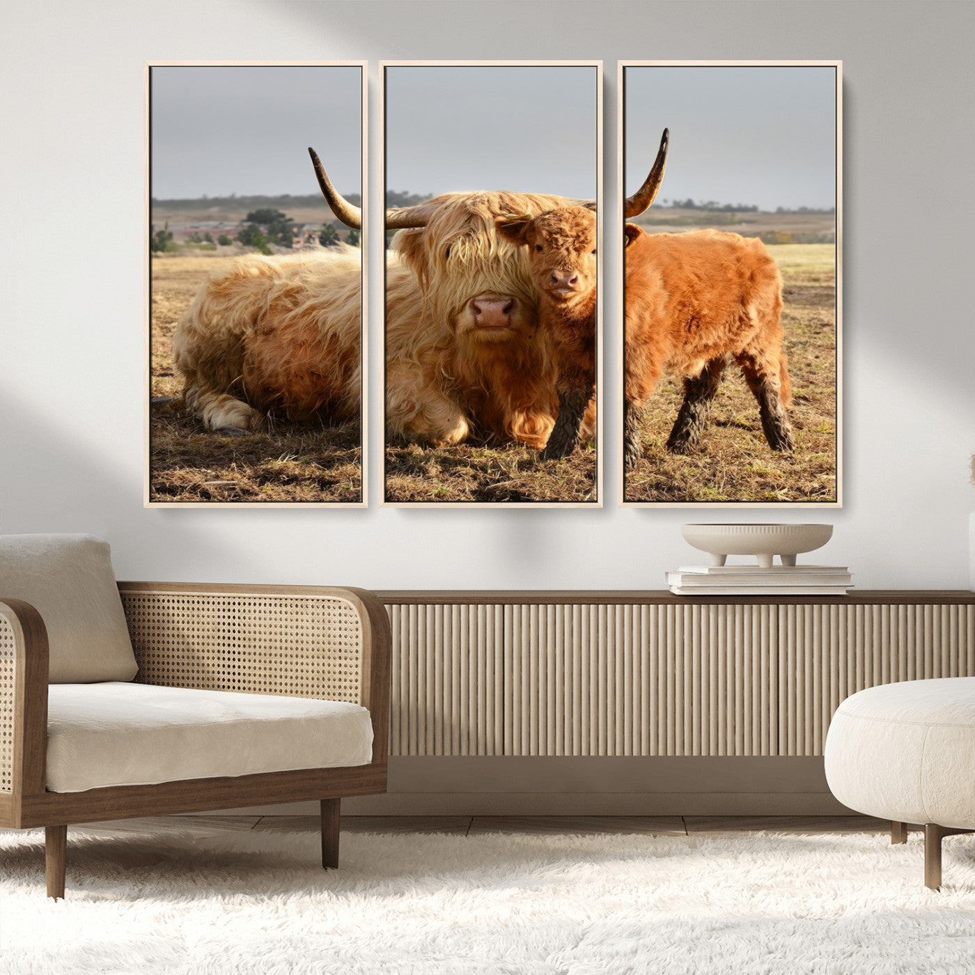 53461-MGV-FC-48X32-3P_Natural-Highland Cow Family Wall Art – Rustic Farmhouse Animal Canvas Print, Country Decor for Living Room, Bedroom or Office, Calf and