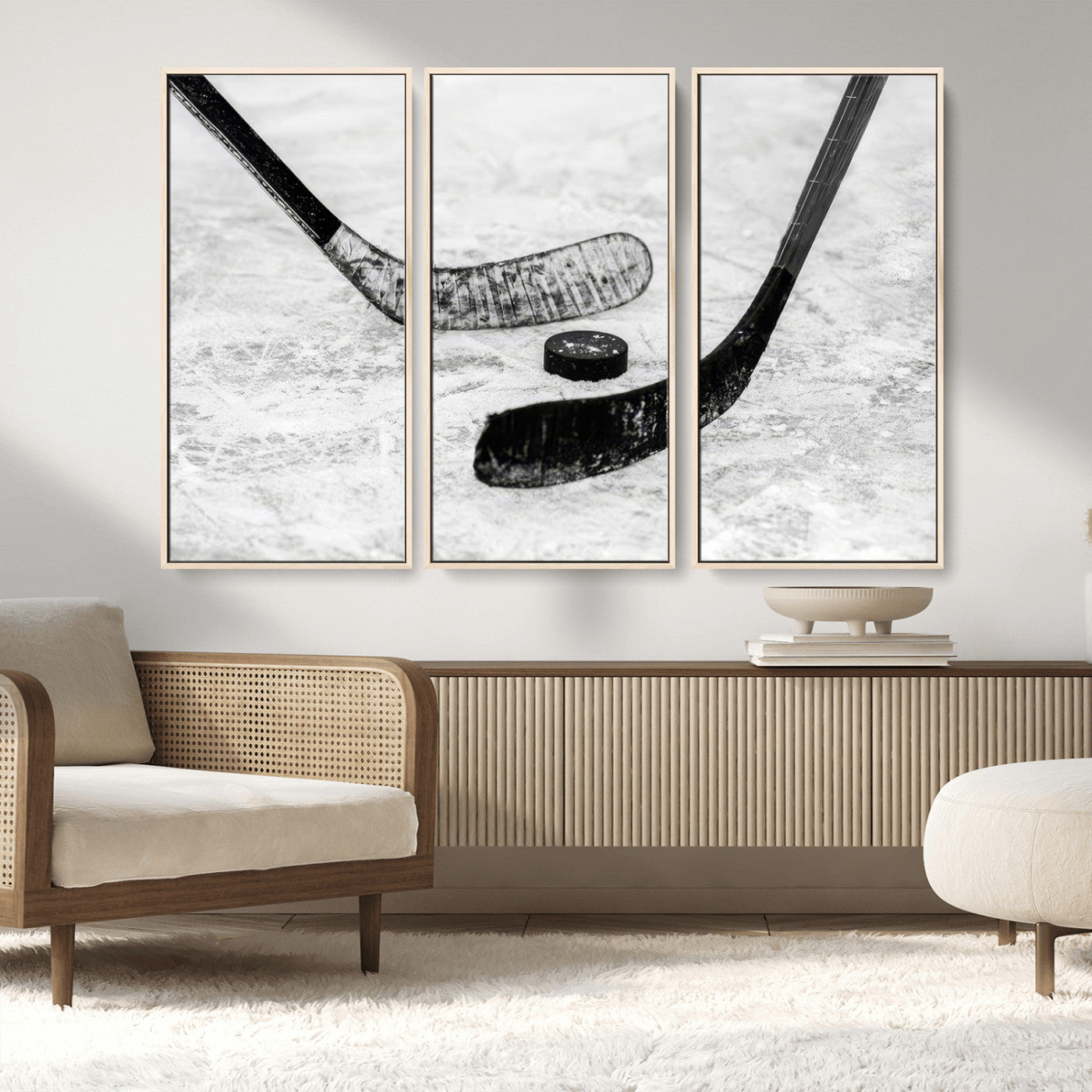 82900-MGV-CV-36X24-Hockey Wall Art – Black and White Canvas Print Ice Rink Sticks Puck Sports Photography, Modern Decor for Game Room, Man Cave,