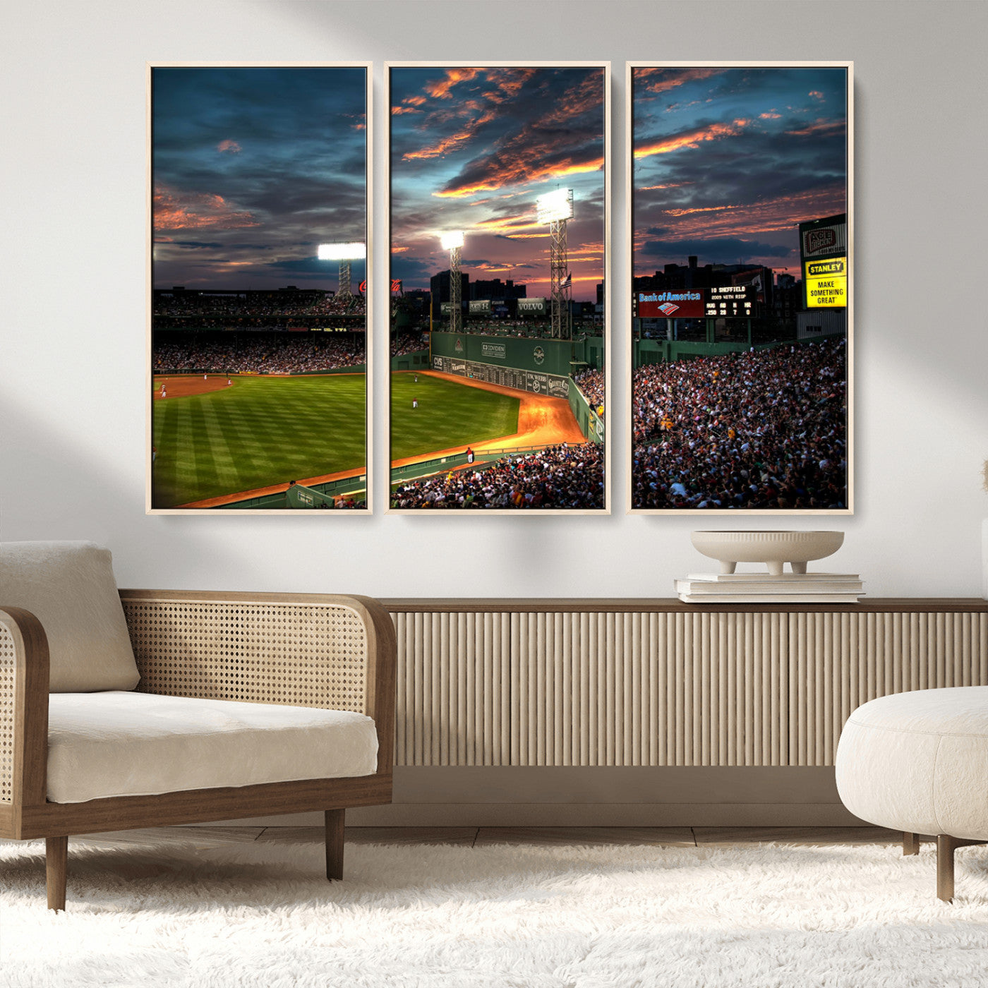 66781-MGV-FC-48X32-3P_Natural-Baseball Stadium Wall Art – Canvas Print Evening Game Field Packed Crowd Sunset Sky Sports Photography, Dynamic Decor for Game