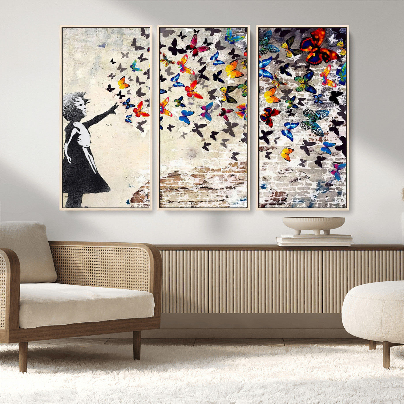 97895-MGV-FC-48X32-3P_Natural-Girl with Butterflies Wall Art – Colorful Street Art Style Canvas Print, Modern Graffiti-Inspired Butterfly Artwork for Living