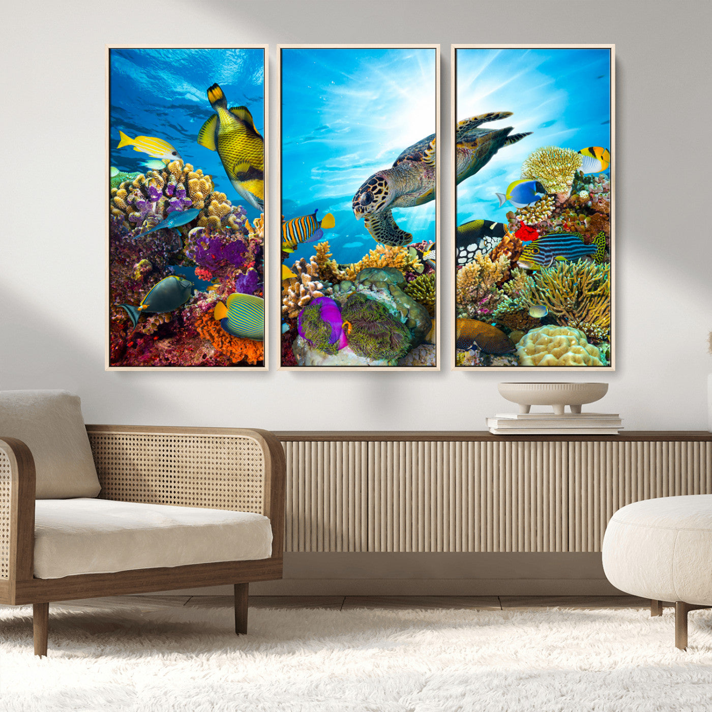 44772-MGV-FC-48X32-3P_Natural-Underwater Sea Turtle Wall Art – Vibrant Coral Reef and Tropical Fish Canvas Print, Ocean Marine Life Decor for Living Room,