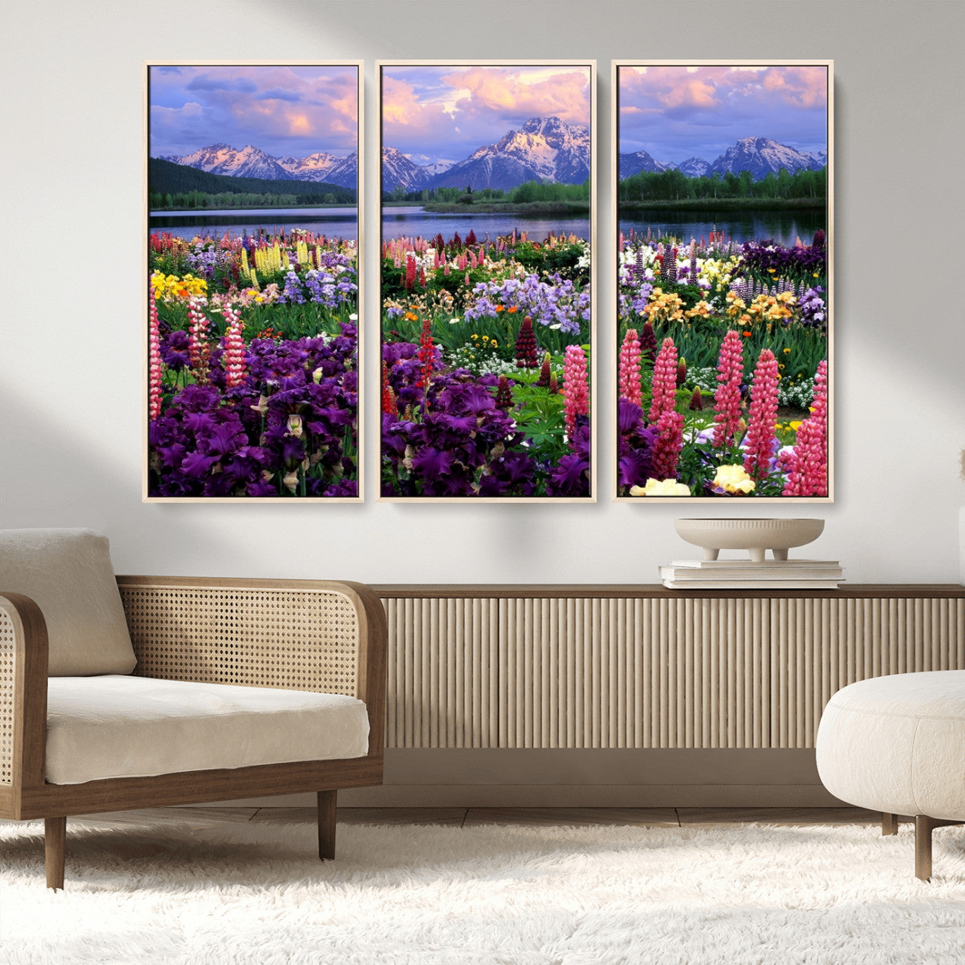 82270-MGV-FC-48X32-3P_Natural-Colorful Wildflower Meadow Landscape Wall Art – Snow-Capped Mountain Lake Sunset Print, Vibrant Nature Artwork for Living Room,