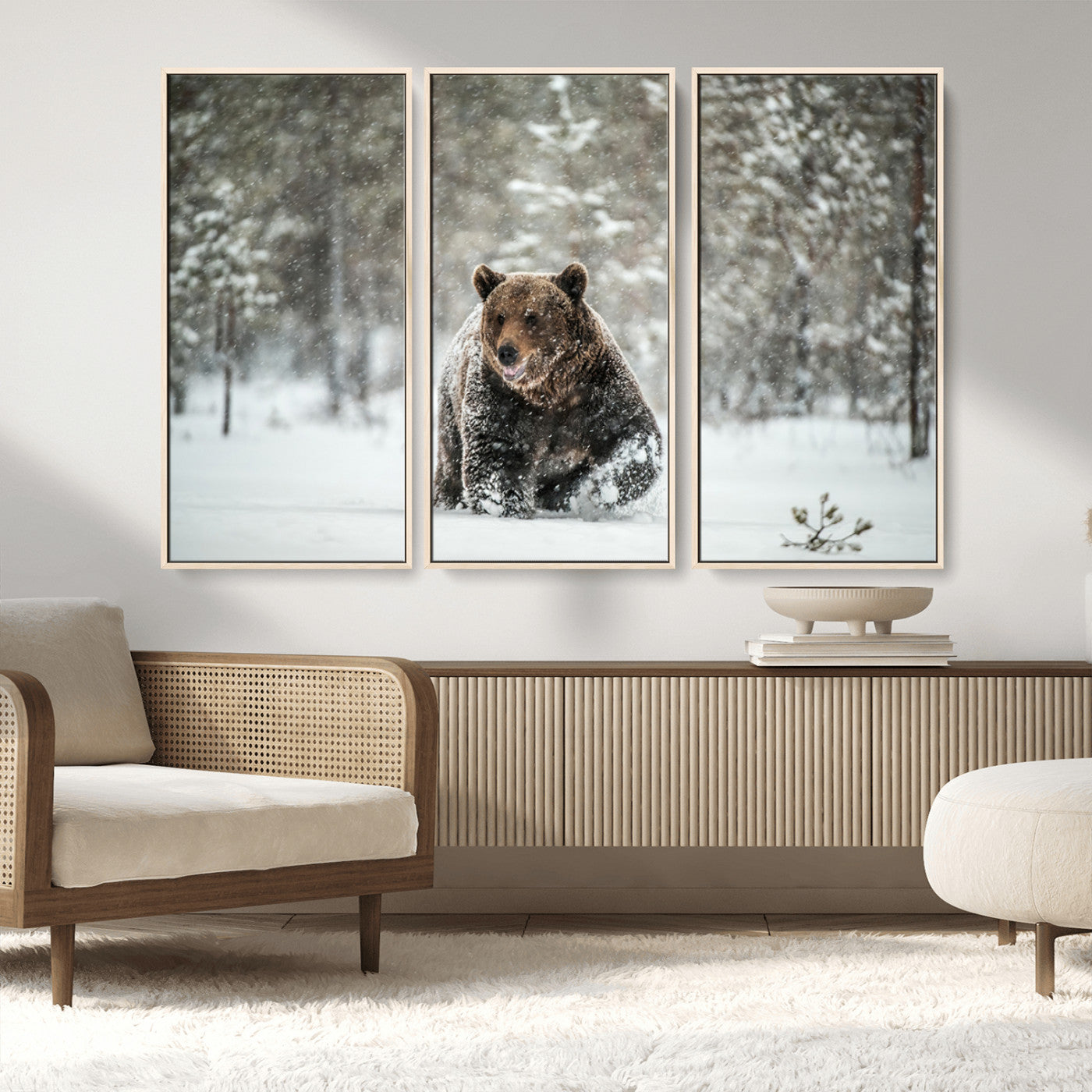 43350-MGV-FC-48X32-3P_Natural-Wild Bear in Snow Wall Art – Majestic Wildlife Photography Print, Winter Forest Nature Decor for Cabin, Lodge, Rustic Home,