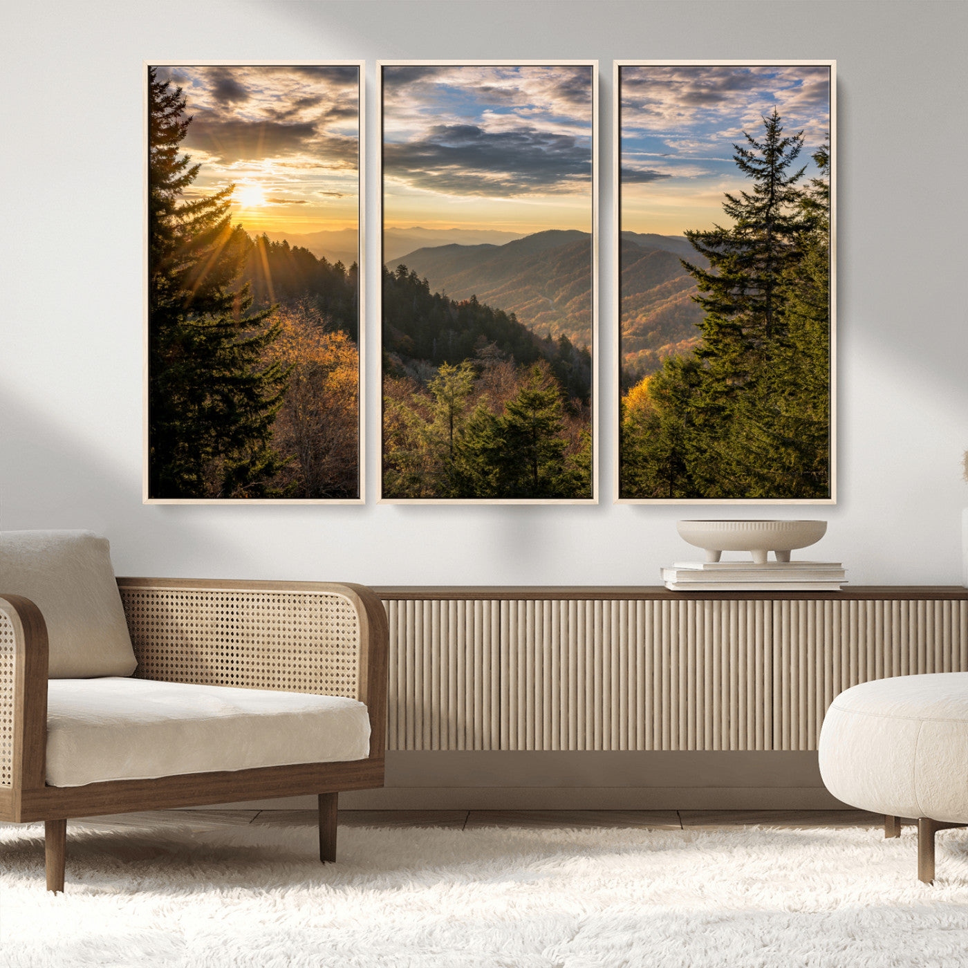 73692479-MGV-FC-48X32-3P_Natural-Smoky Mountains Wall Art Canvas Print, Framed Forest Mountain Art Picture Print, Spring Mountain Perfect Spring Style Decor