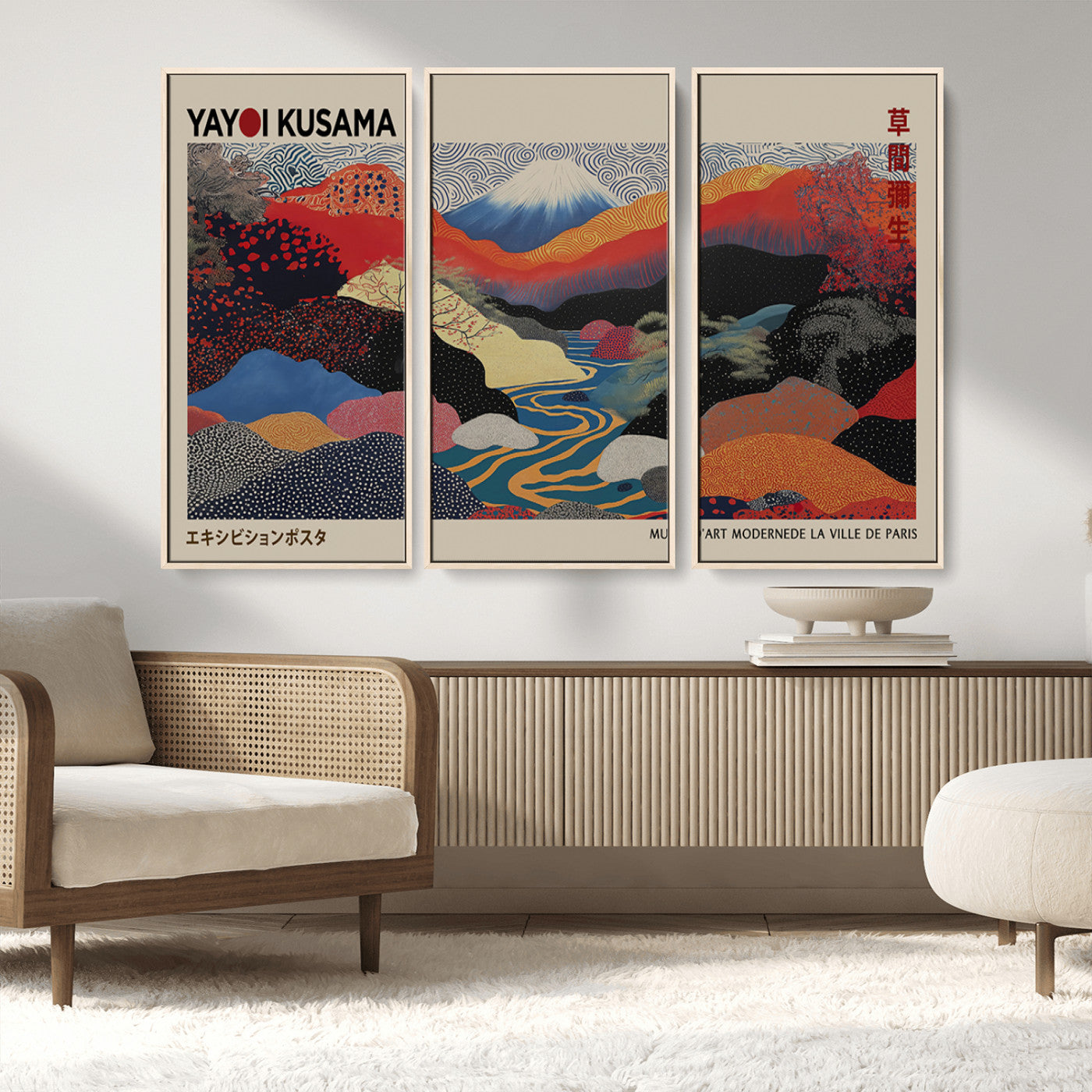 49228-MGV-FC-93X47-3P_Black-Kusama Wall Art – Vibrant Japanese Landscape Canvas Print, Modern Abstract Mountain and River Decor for Living Room, Office or Art