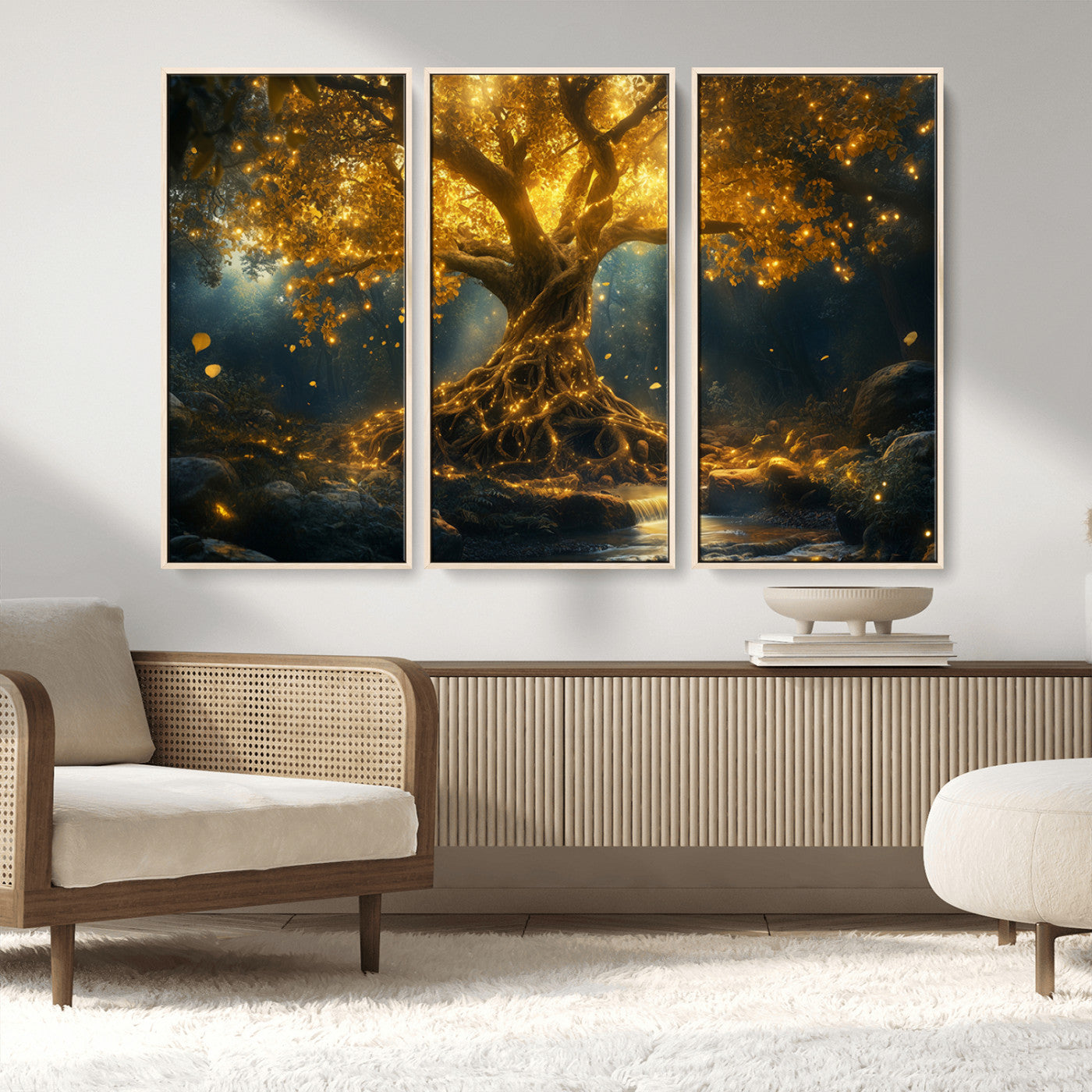 92739-MGV-CV-36X24-Glowing Tree Wall Art – Enchanted Golden Forest Canvas Print, Mystical Illuminated Nature Painting Poster for Living Room,