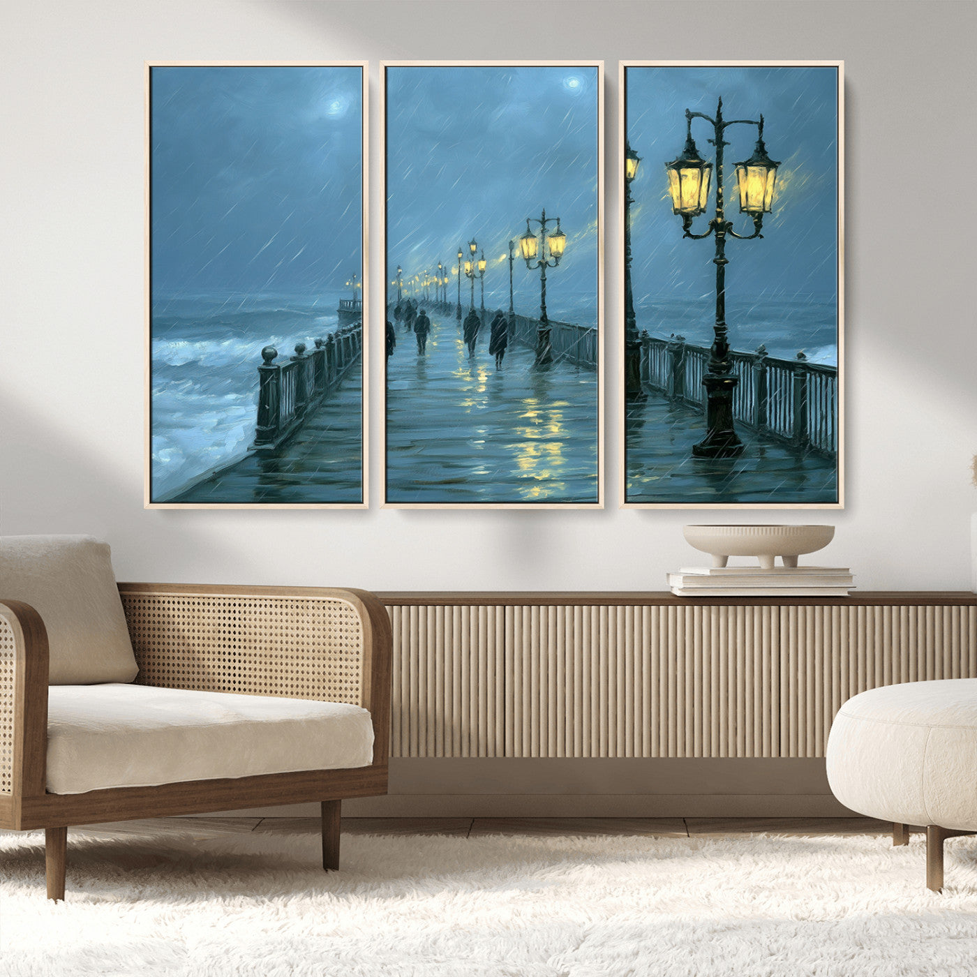 79606-MGV-FC-48X32-3P_Natural-Rainy Pier Night Wall Art – Ocean Waves and Street Lamps Canvas Print, Moody Seascape Oil Painting Poster for Living Room,