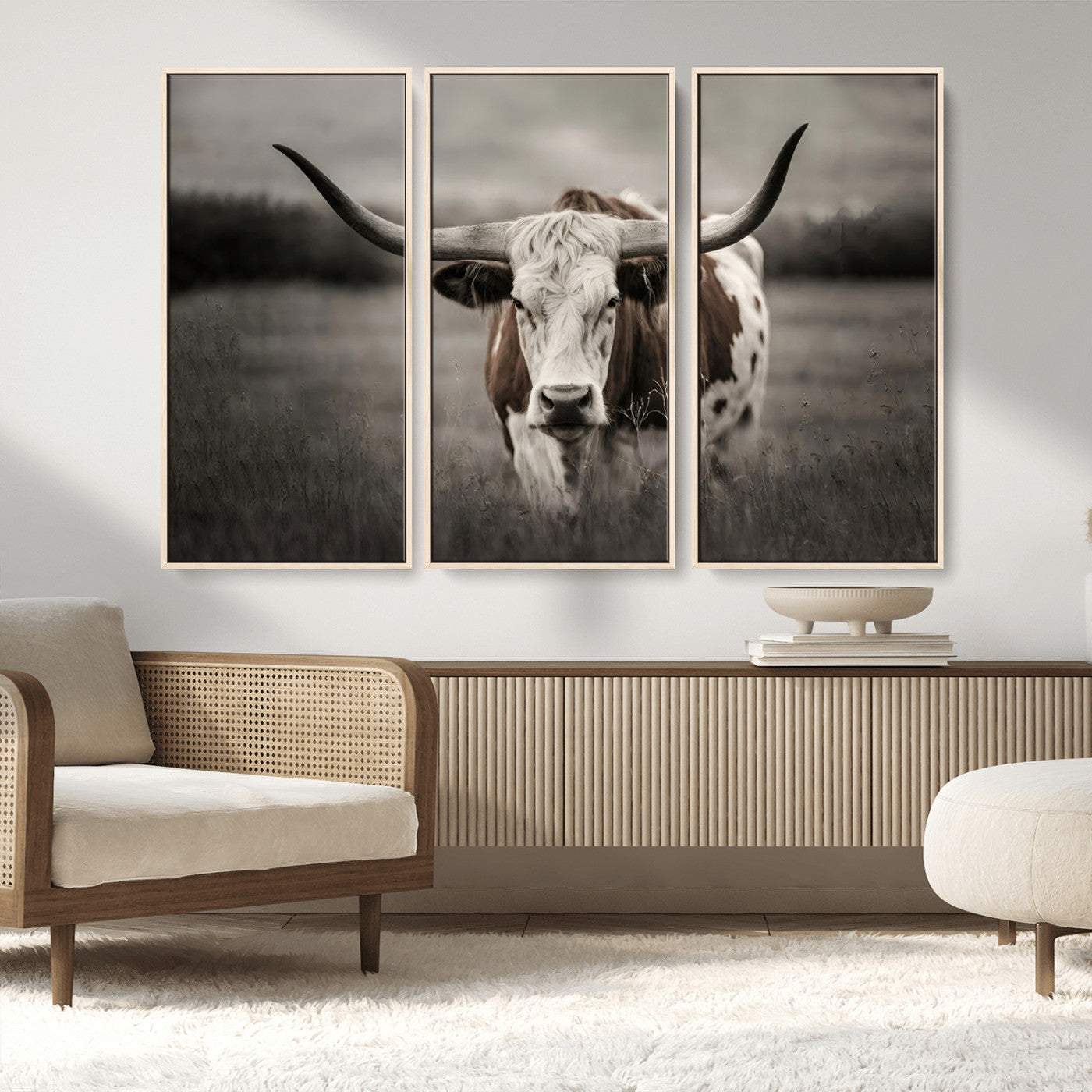 69238-MGV-FC-48X32-3P_Natural-Longhorn Bull Wall Art – Rustic Black and White Texas Cattle Canvas Print, Western Farmhouse Animal Photography for Living Room,