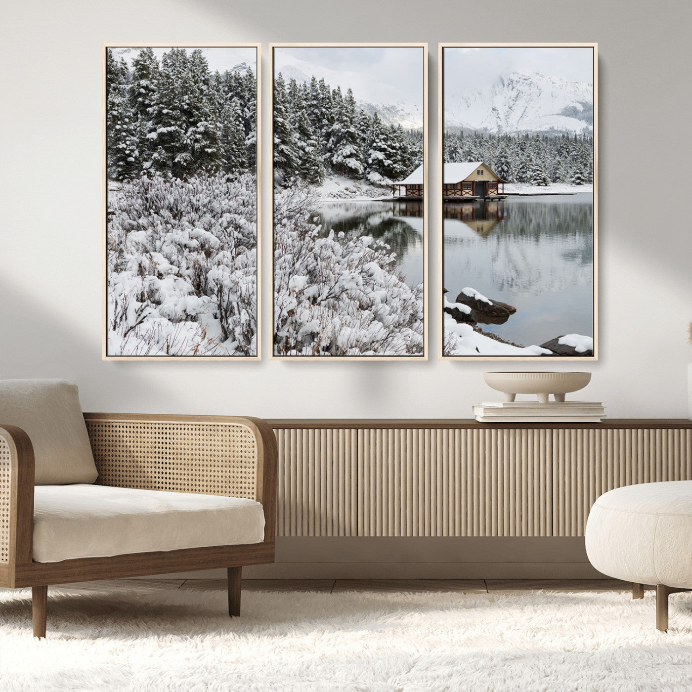 94285-MGV-CV-36X24-Snowy Cabin Wall Art Canvas Print, Framed Winter Cabin Art Picture Print, Mountain Lake Perfect Snowy Nature Decor Artwork
