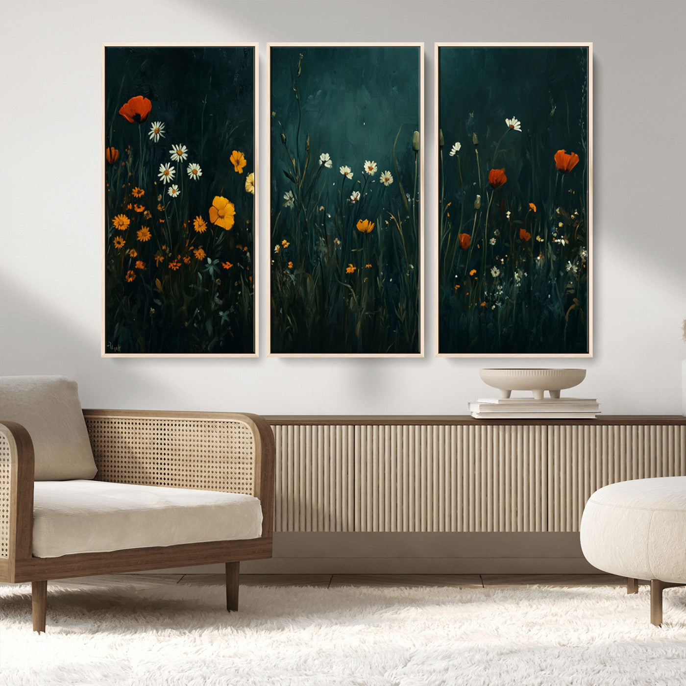 87037-MGV-CV-36X24-Wildflower Wall Art – Dark Botanical Floral Canvas Print, Modern Nature Painting Poster with Daisies Poppies Orange Flowers for