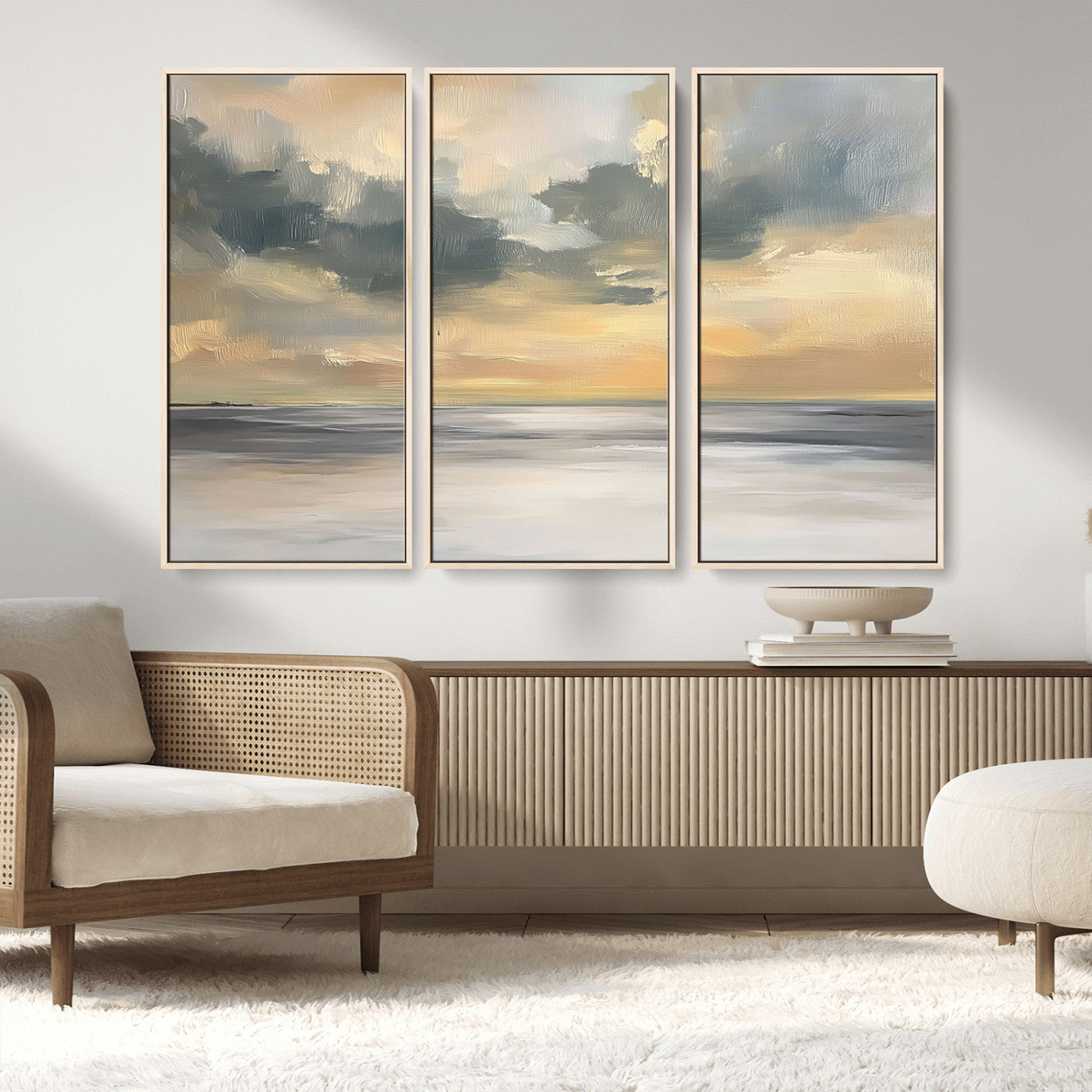 45544-MGV-FC-48X32-3P_Natural-Ocean Sunset Wall Art – Serene Seascape Canvas Print with Golden Sky and Calm Water, Coastal Beach Artwork for Living Room,