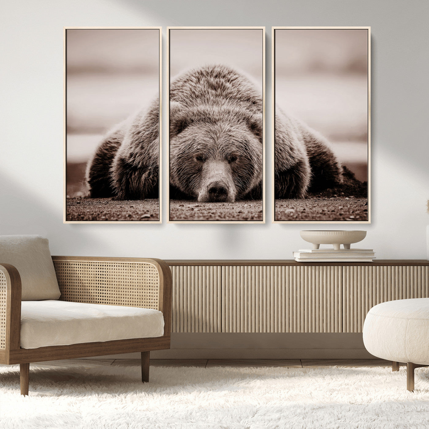 20611-MGV-FC-48X32-3P_Natural-Grizzly Bear Wall Art – Majestic Wildlife Sepia Canvas Print, Rustic Nature Animal Artwork for Cabin, Lodge, Living Room, Bedroom,