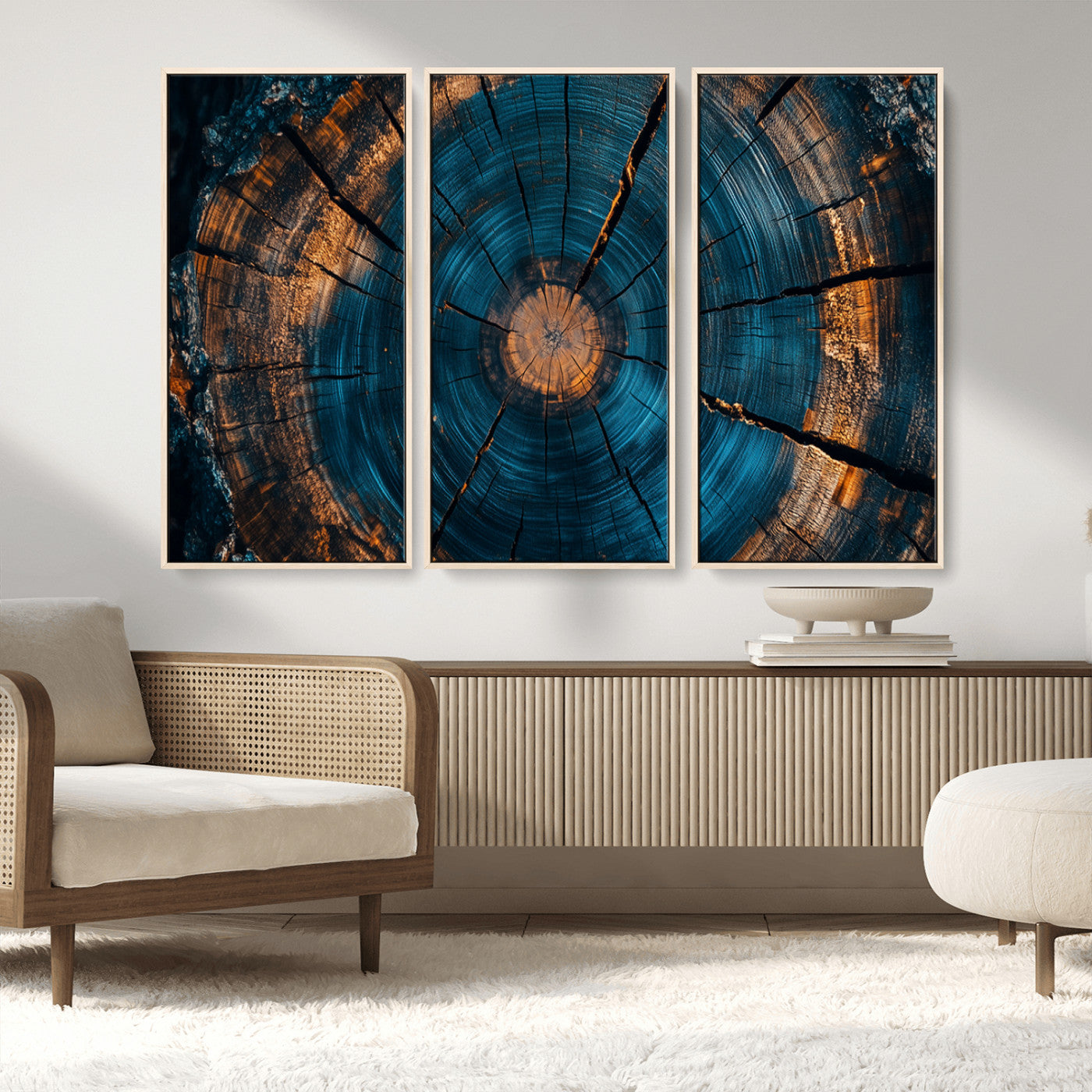 65231-MGV-FC-48X32-3P_Natural-Blue and Gold Tree Ring Wall Art – Rustic Abstract Wood Slice Canvas Print, Modern Nature Inspired Artwork for Living Room,