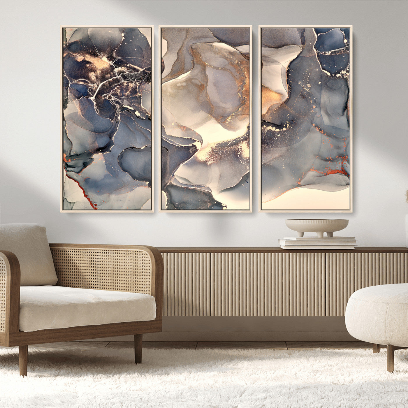 18202-MGV-CV-36X24-Abstract Neutral Wall Art – Blue, Beige and Gold Fluid Ink Canvas Print, Modern Minimalist Painting for Living Room, Office