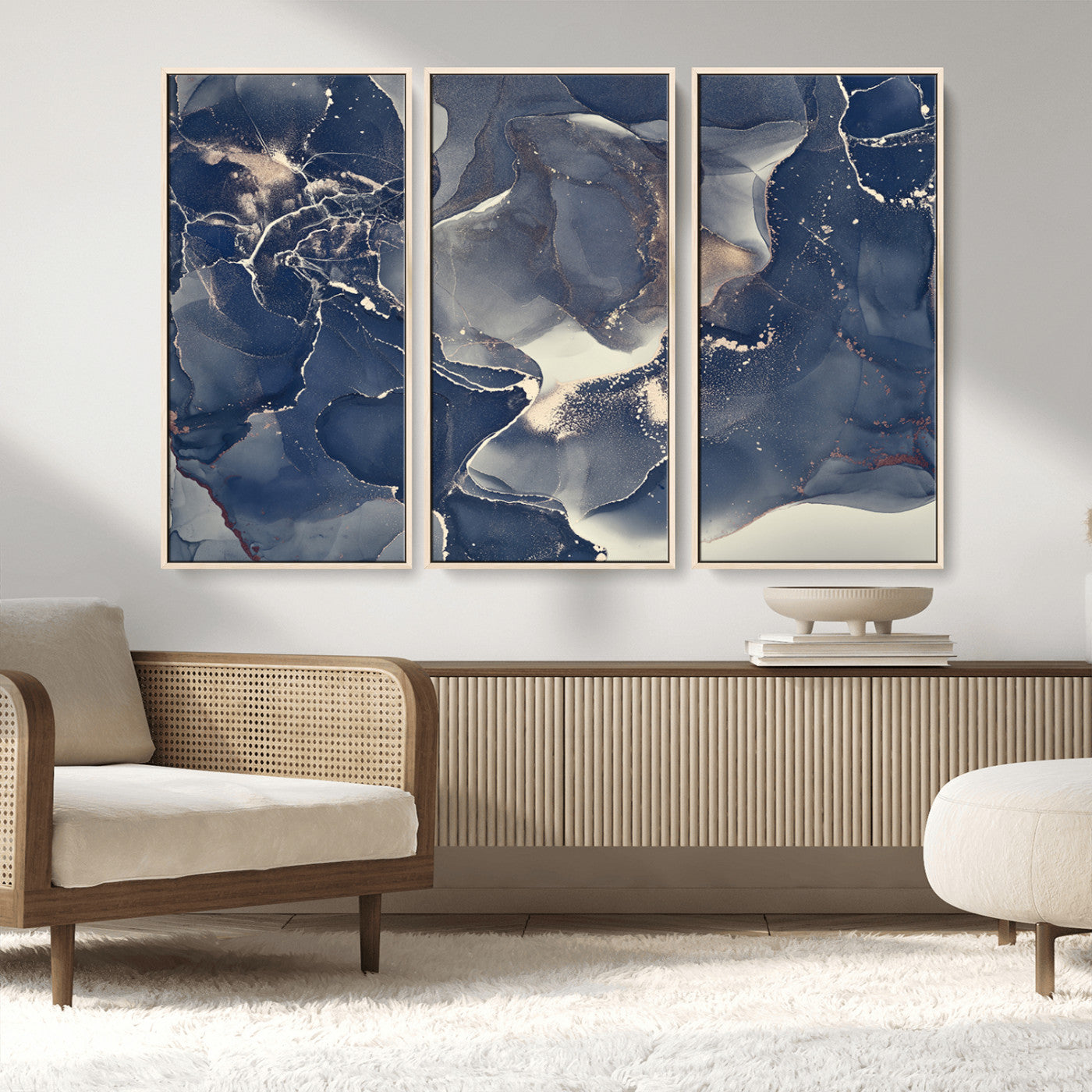 28282-MGV-CV-36X24-Blue Abstract Wall Art – Modern Ink Swirl Canvas Print, Contemporary Navy and Gold Painting for Living Room, Bedroom, Office or