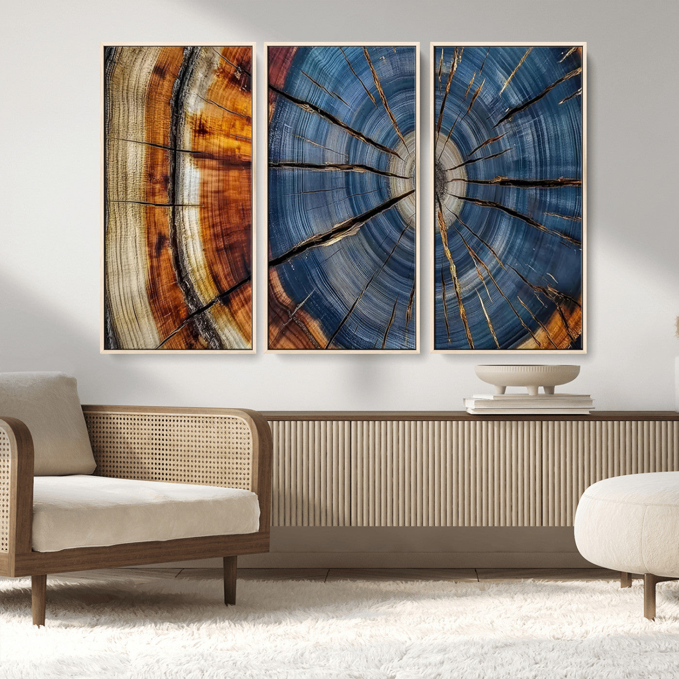 10583-MGV-FC-48X32-3P_Natural-Tree Ring Wall Art – Abstract Wood Grain Canvas Print with Blue and Brown Tones, Nature Inspired Rustic Artwork for Living Room,