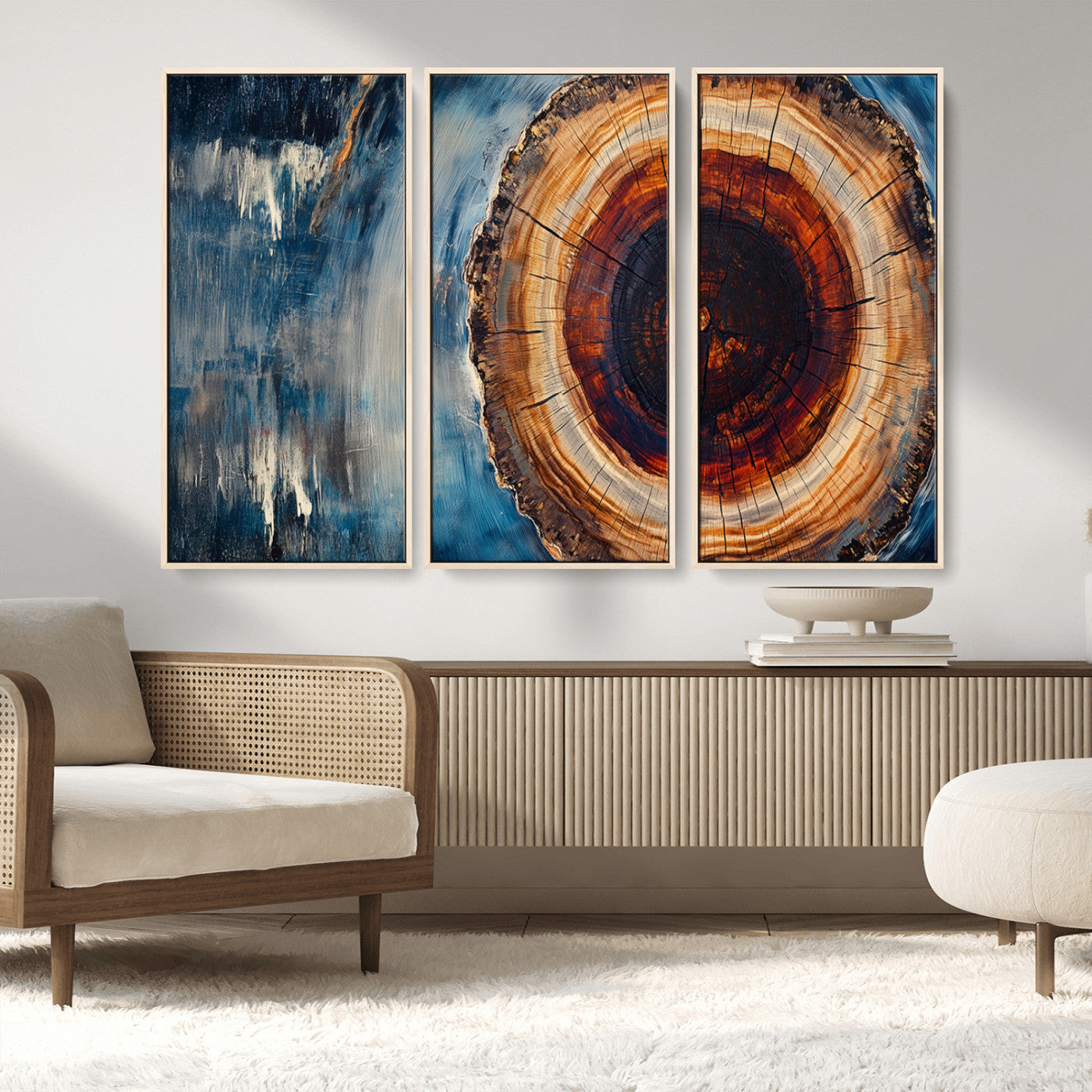 48045-MGV-CV-36X24-Tree Ring Abstract Wall Art – Rustic Wood Grain Canvas Print with Brown Center and Blue Brush Strokes, Nature Inspired Artwork for