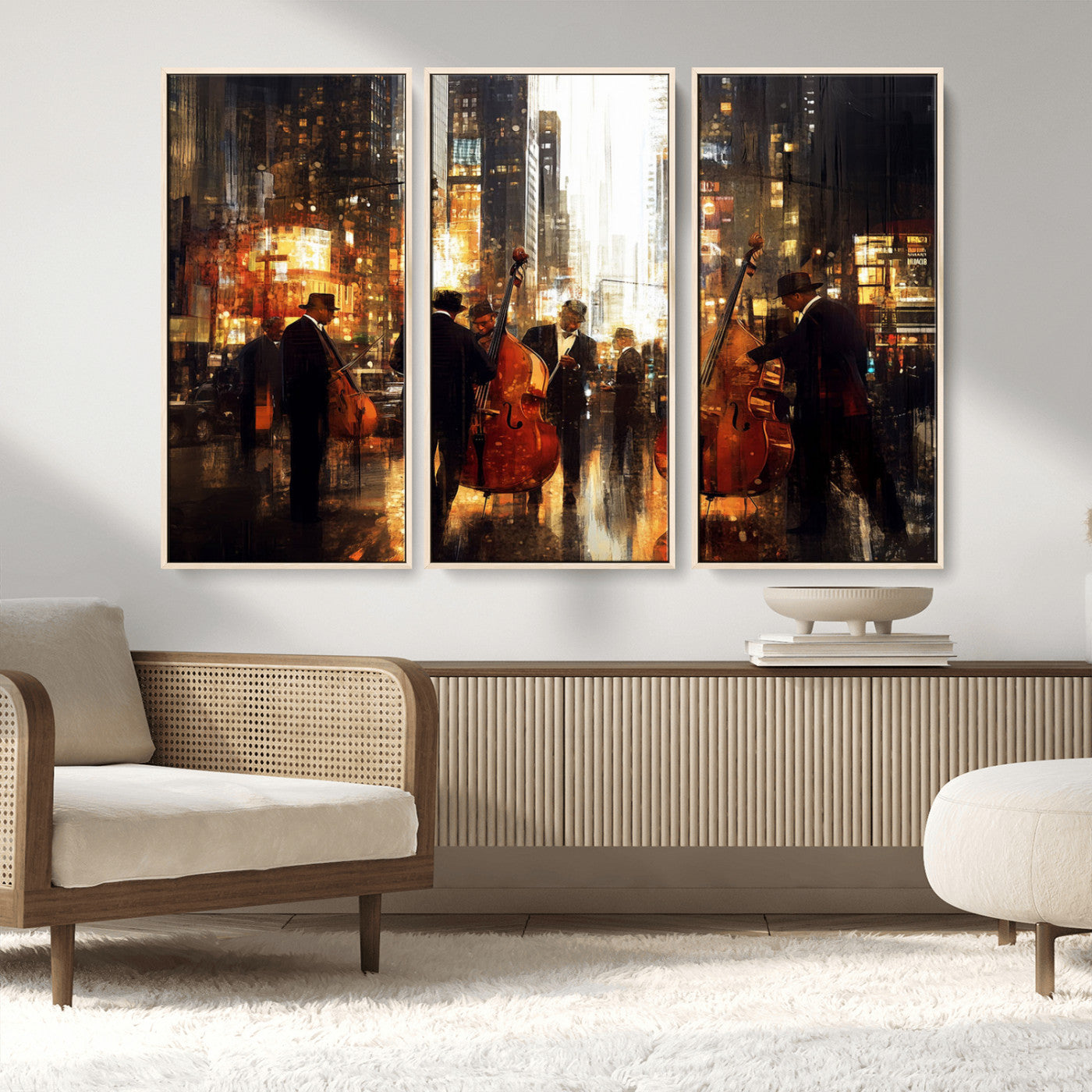 58782-MGV-FC-48X32-3P_Natural-Jazz Musicians Cityscape Wall Art – Vibrant Urban Night Canvas Print, Elegant Music Themed Decor for Living Room, Office, or Music