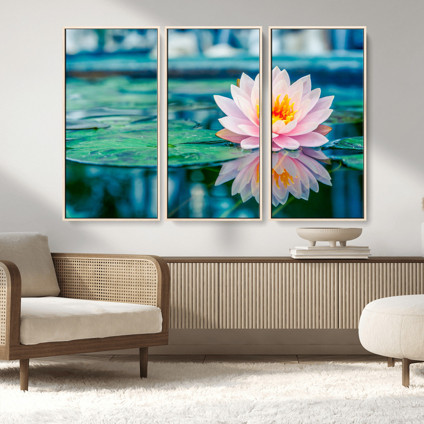 65933-MGV-FC-48X32-3P_Natural-Pink Water Lily Wall Art – Lotus Flower Canvas Print with Reflection on Calm Water, Peaceful Botanical Artwork for Living Room,