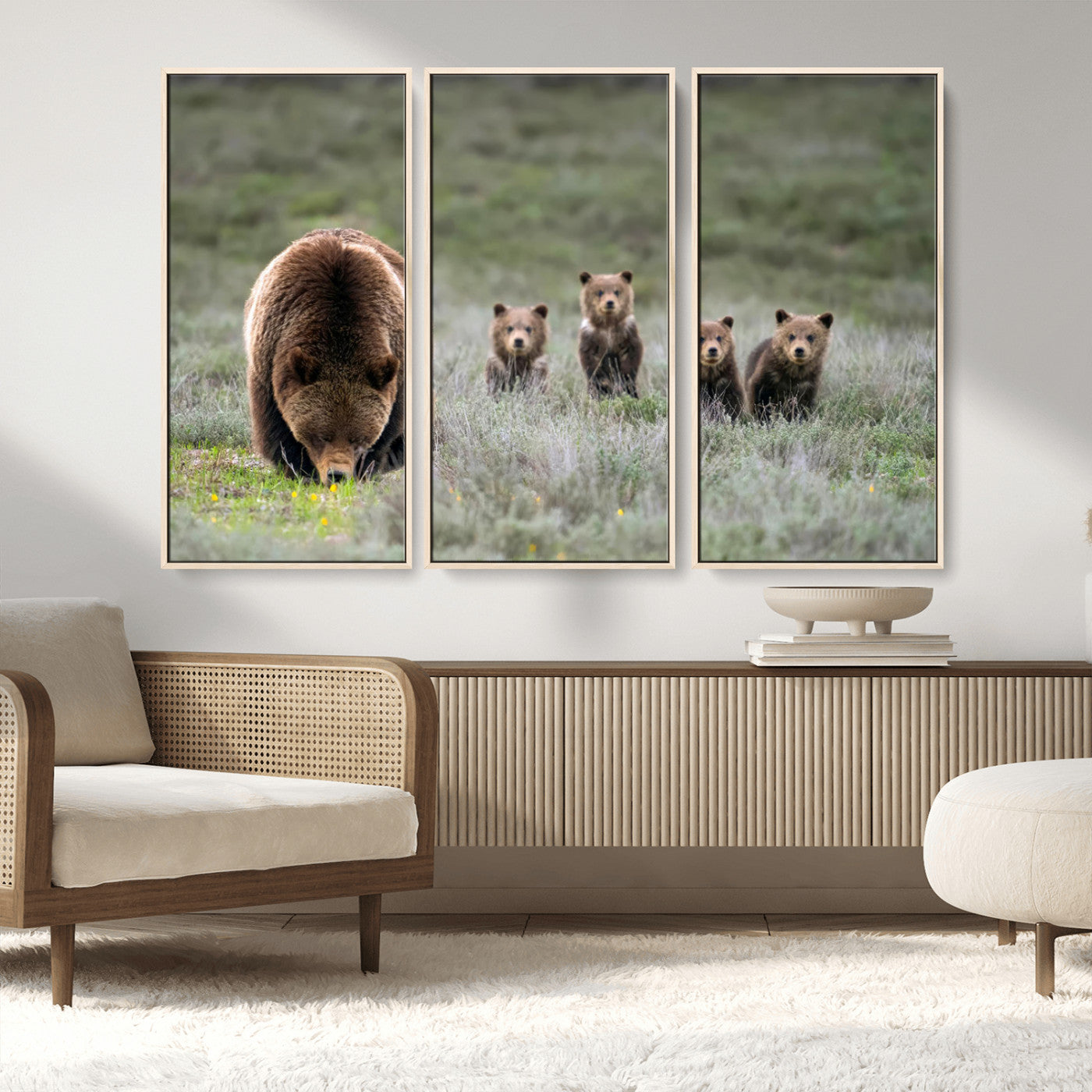 65087B-MGV-FC-48X32-3P_Natural-Bear Family Wall Art – Wildlife Canvas Print Featuring Mother Bear with Cubs in Nature, Rustic Animal Artwork for Living Room,