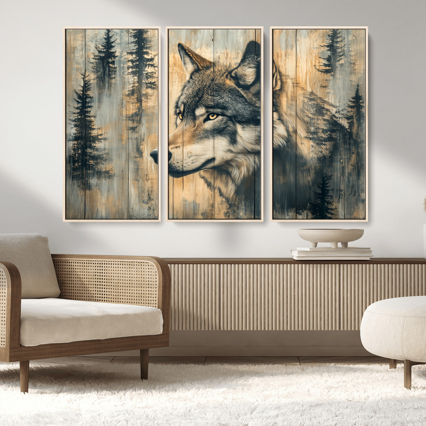 51892-MGV-FC-48X32-3P_Natural-Wolf Wall Art – Rustic Canvas Print of Wolf with Forest Trees on Wood Texture, Wildlife Lodge Artwork for Living Room, Bedroom,