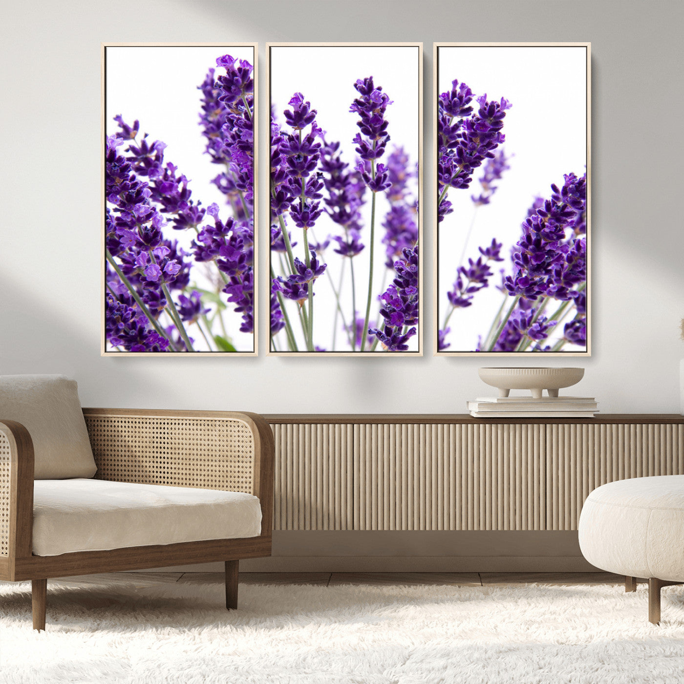 84456-MGV-FC-48X32-3P_Natural-Lavender Wall Art – Botanical Canvas Print Featuring Purple Floral Stems, Fresh Nature Inspired Artwork for Living Room, Bedroom,