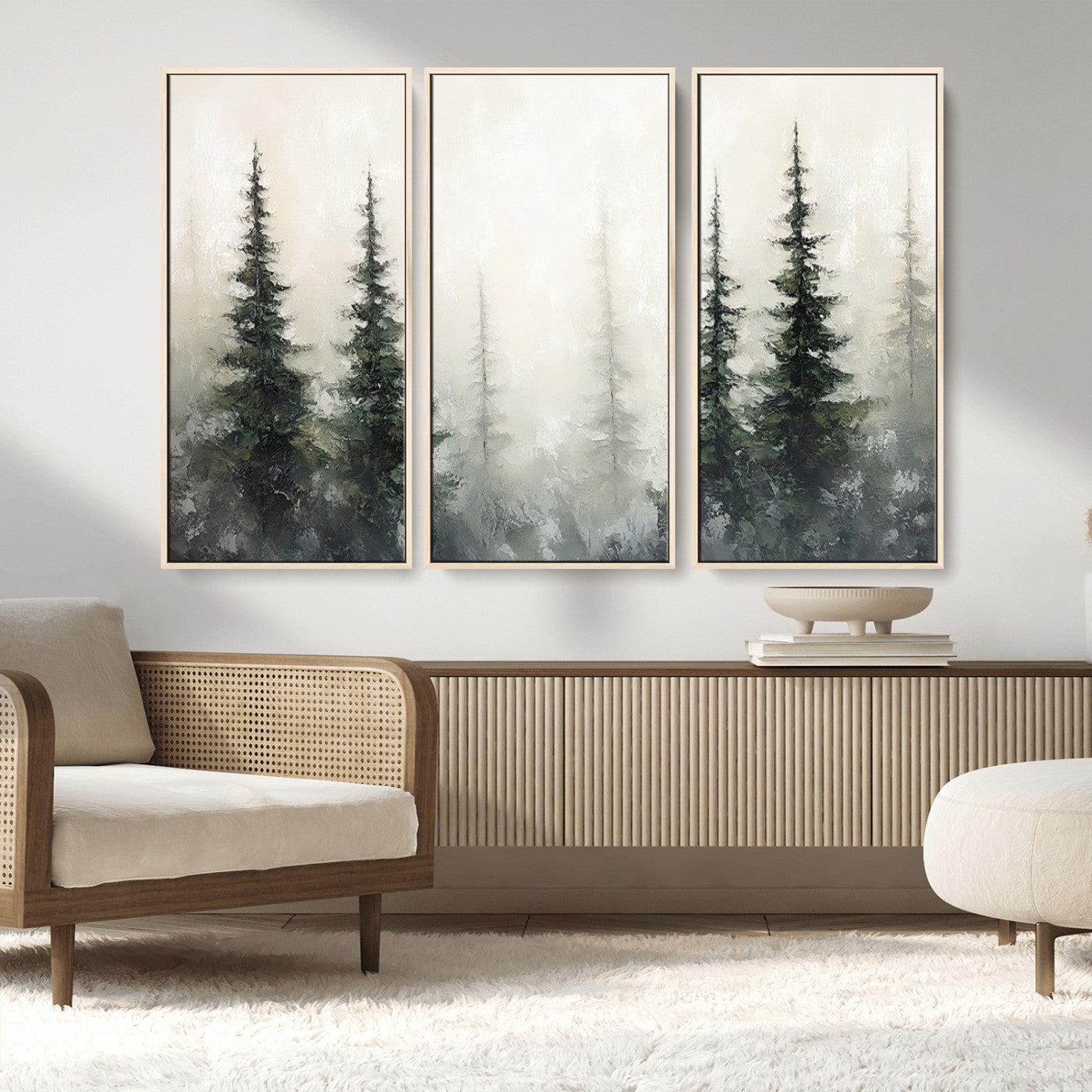 33241-MGV-FC-48X32-3P_Natural-Misty Forest Wall Art Canvas Print, Framed Foggy Pines Art Picture Print, Forest Haze Perfect Rustic Minimalist Decor Artwork