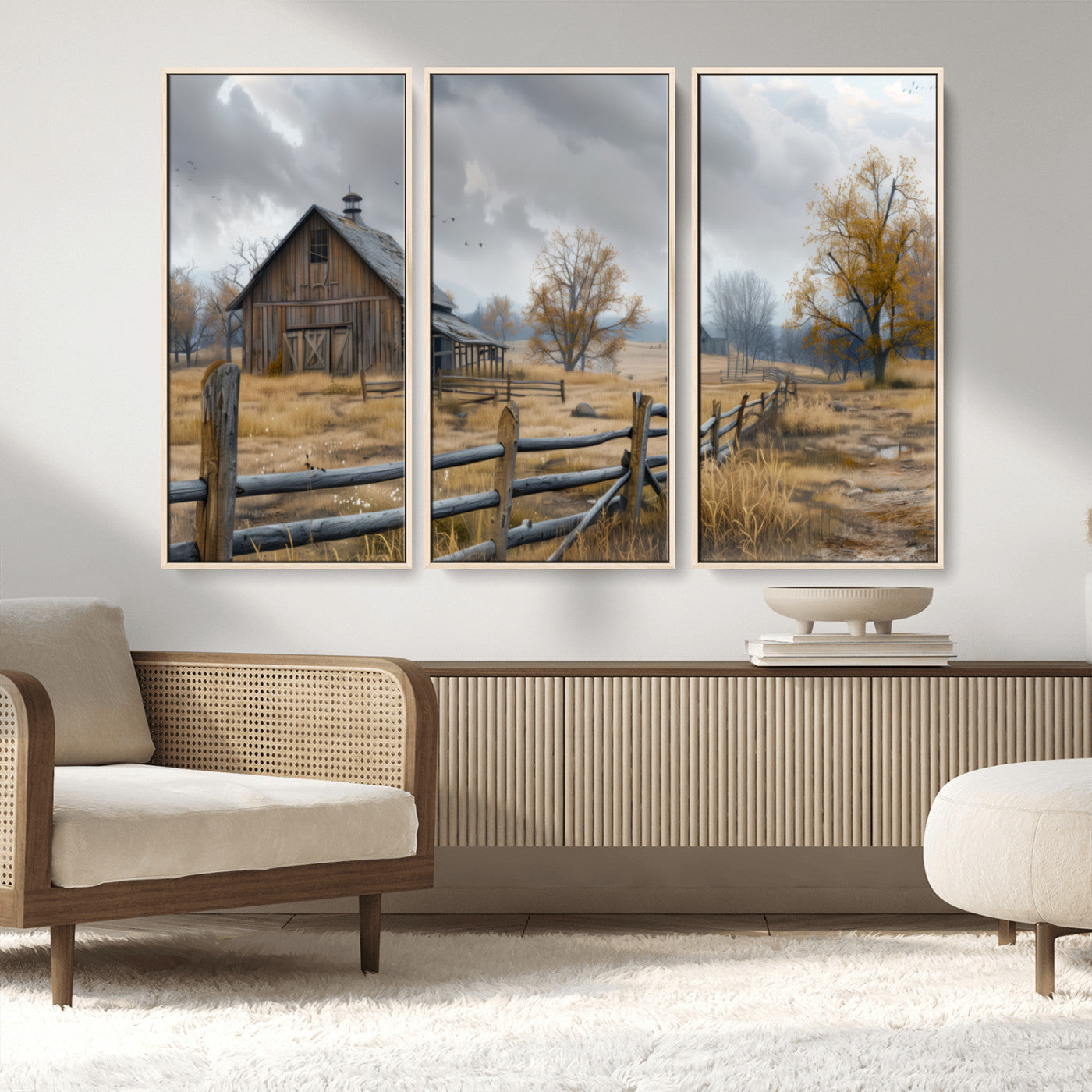 Farm1-MGV-CV-36X24-Rustic Autumn Farmhouse Wall Art – Serene Countryside Scene Canvas Print, Weathered Barn and Autumn Trees Decor for Living Room,