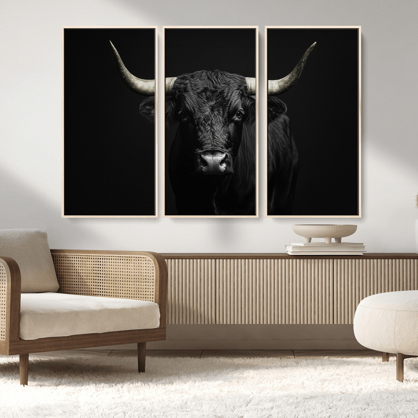 97914921-MGV-FC-48X32-3P_Natural-Black Bull Wall Art Canvas Print, Framed Longhorn Bull Art Picture Print, Western Bull Perfect Monochrome Western Decor Artwork
