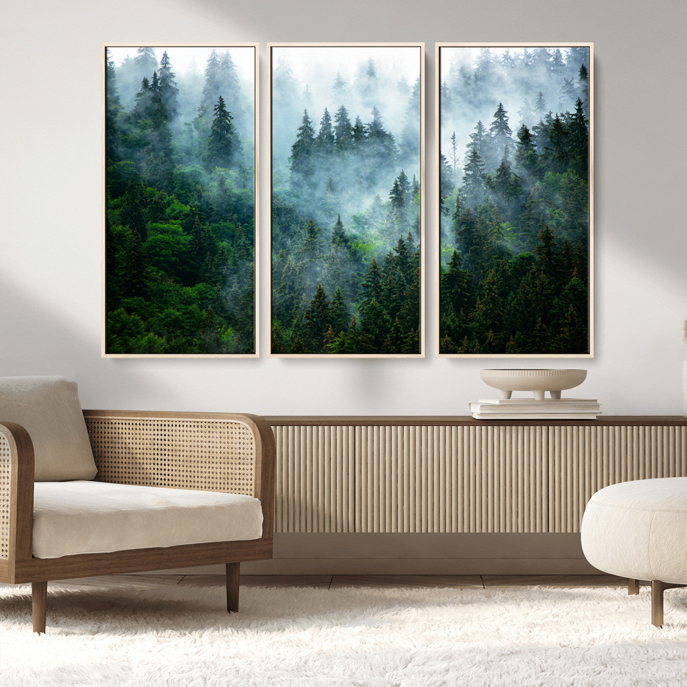 17393683-MGV-FC-48X32-3P_Natural-Misty Forest Art Wall Art Canvas Print, Framed Foggy Mountain Art Art Picture Print, Scenic Wall Print Perfect Decor Artwork