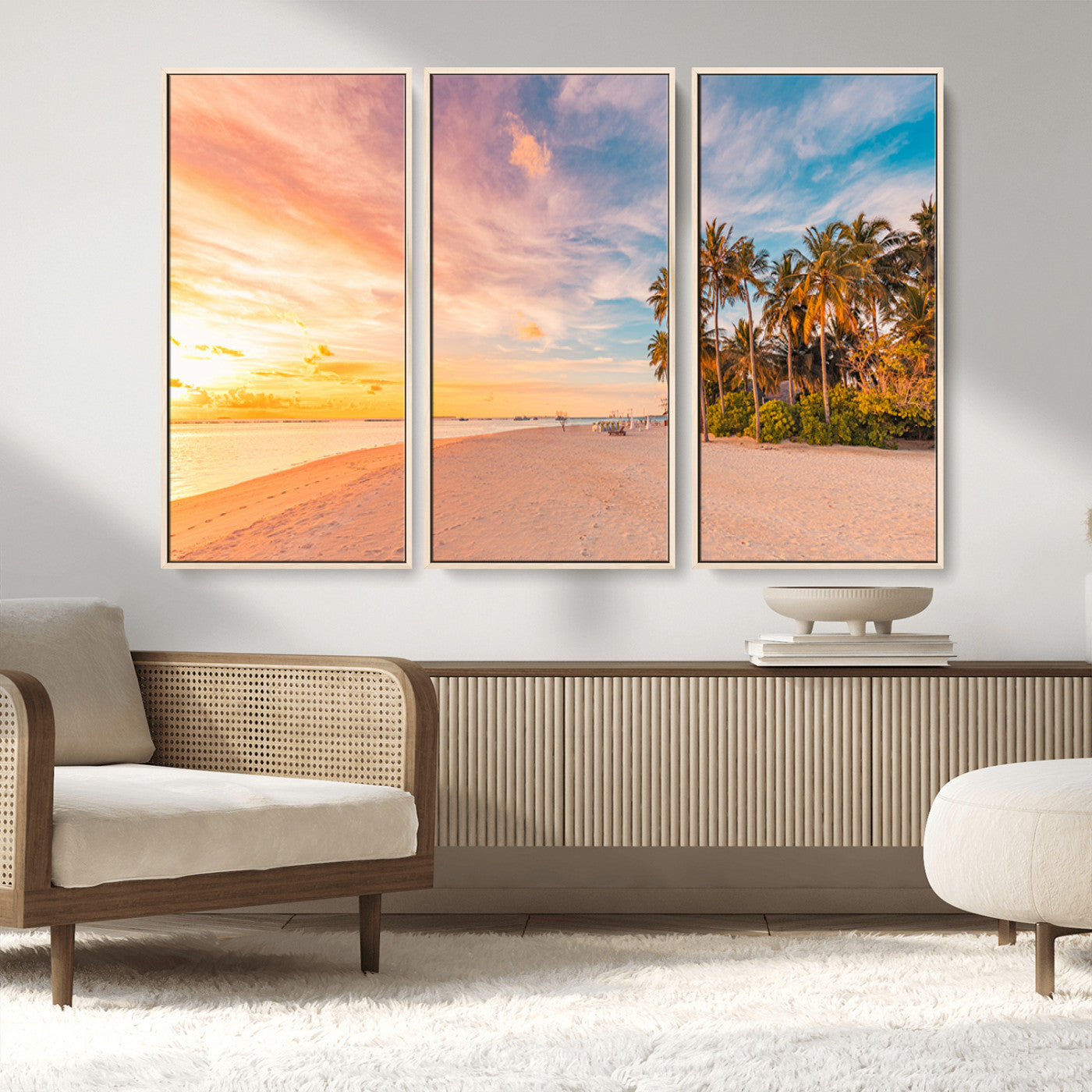 41542880-MGV-FC-48X32-3P_Natural-Tropical Beach Wall Art Canvas Print, Framed Palm Trees Art Picture Print, Sunset Shore Perfect Tropical Coastal Decor Artwork