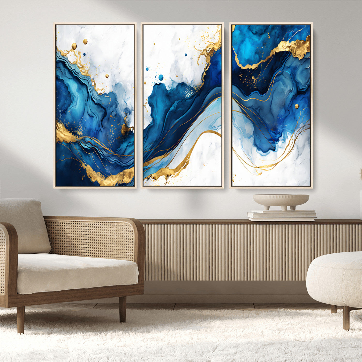 33506371-MGV-CV-36X24-Blue Marble Wall Art Canvas Print, Framed Gold Splash Art Picture Print, Abstract Wave Perfect Modern Luxe Decor Artwork